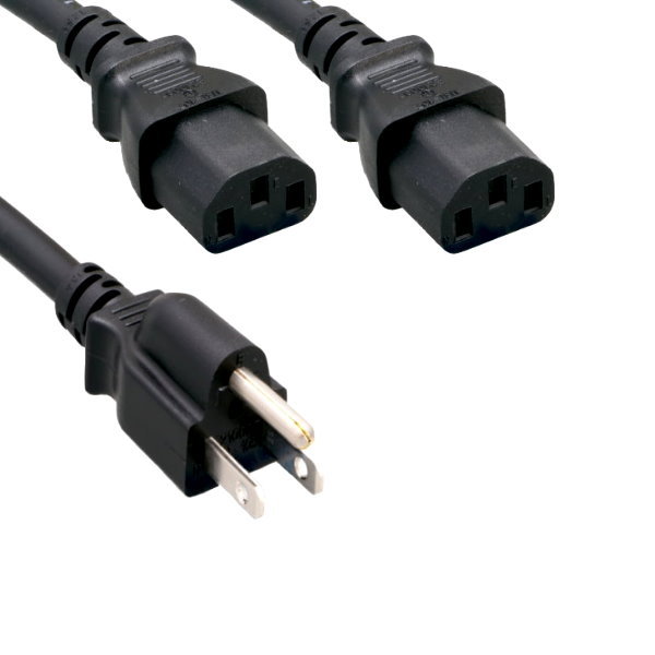 3FT,6FT,10FT AC Power Cord Y Splitter Cable 5-15P/2x C13 SJT 16AWG 13A 125V UL