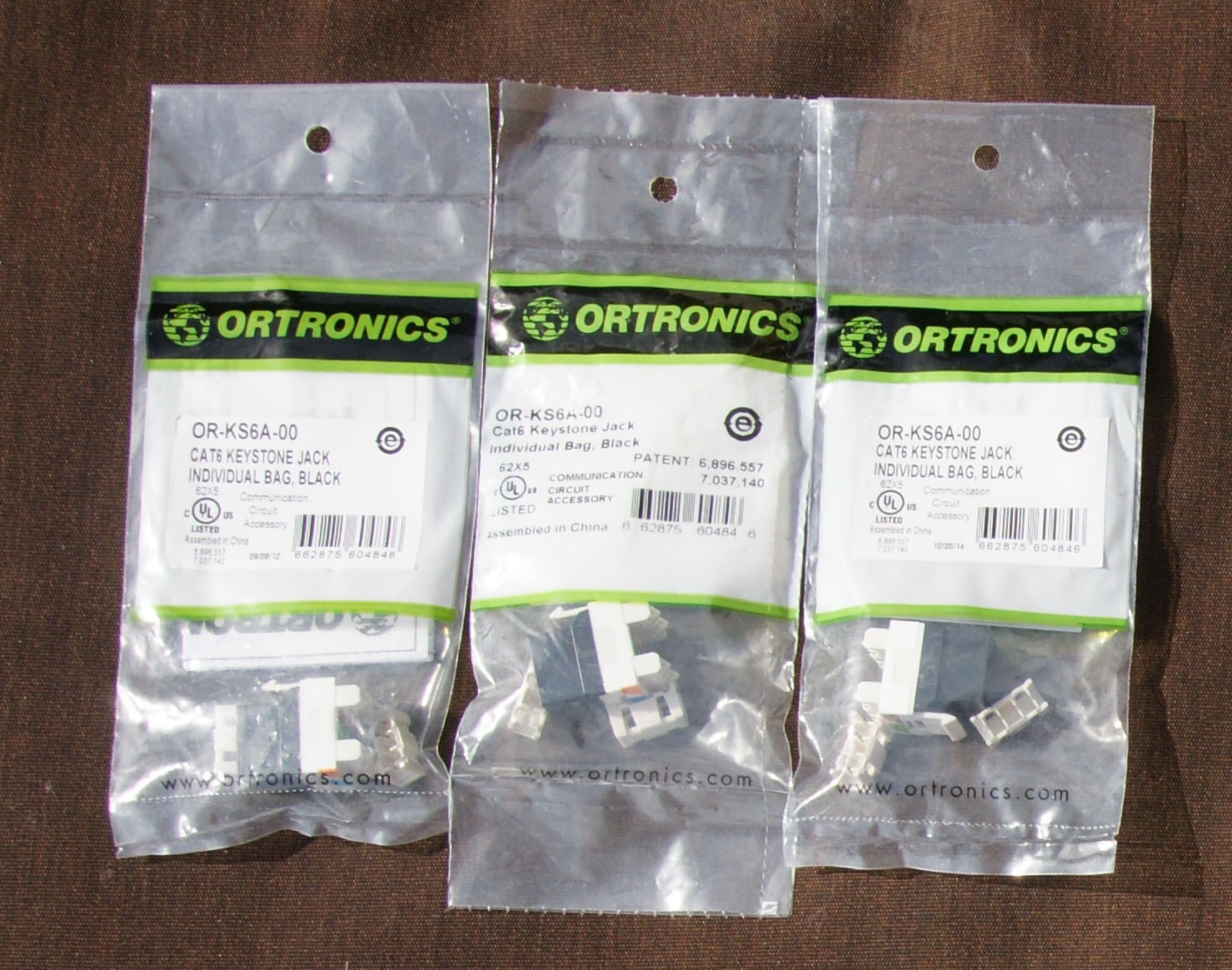 Ortronics OR-KS6A-00 Cat-6 Keystone Jack, Individual Bag, Black, Set/3
