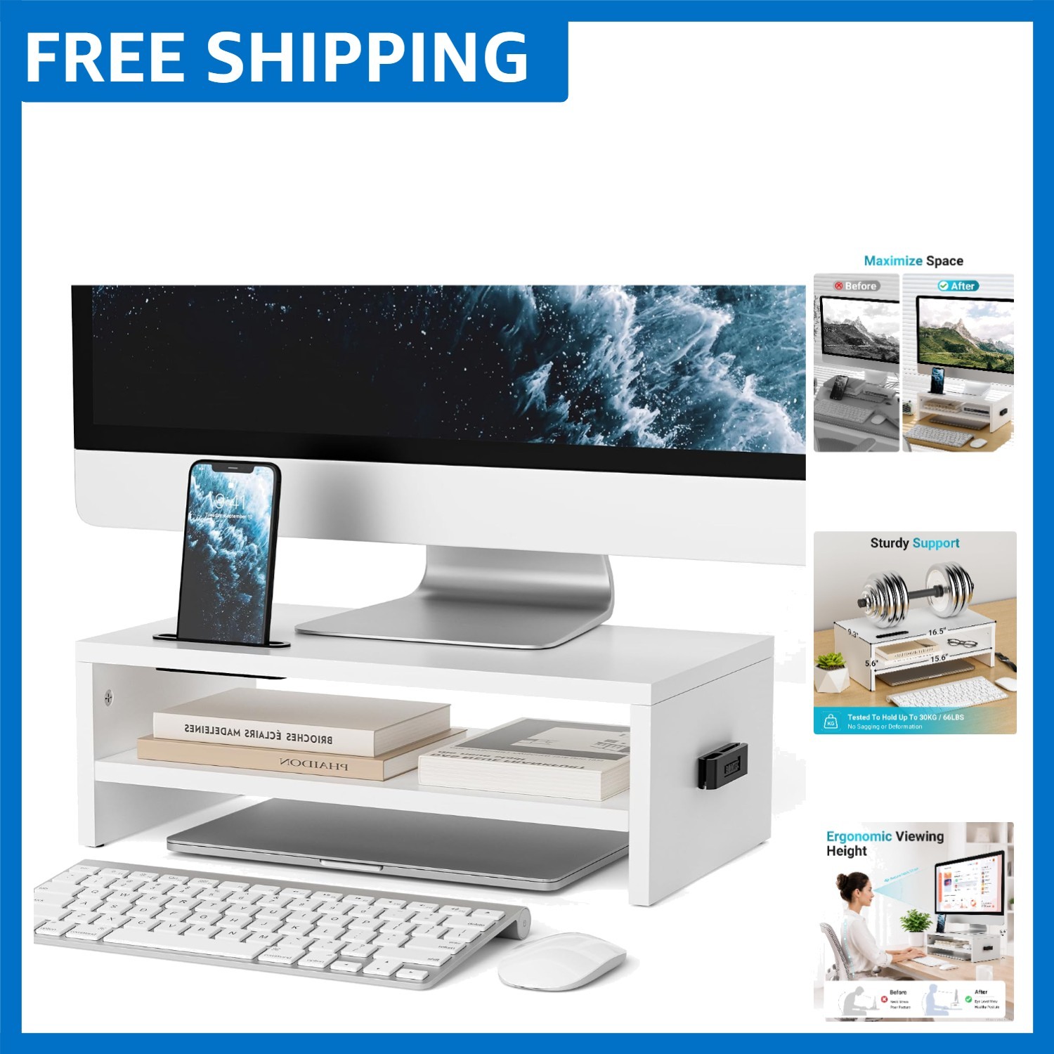 Elegant 16.5-Inch Wooden Monitor Riser with Cable Management & Phone Holder