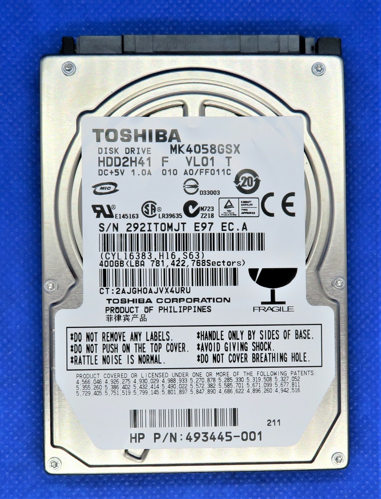 TOSHIBA MK4058GSX HDD2H41 F VL01 T 010 A0/FF011C 400GB HP P/N: 493445-001