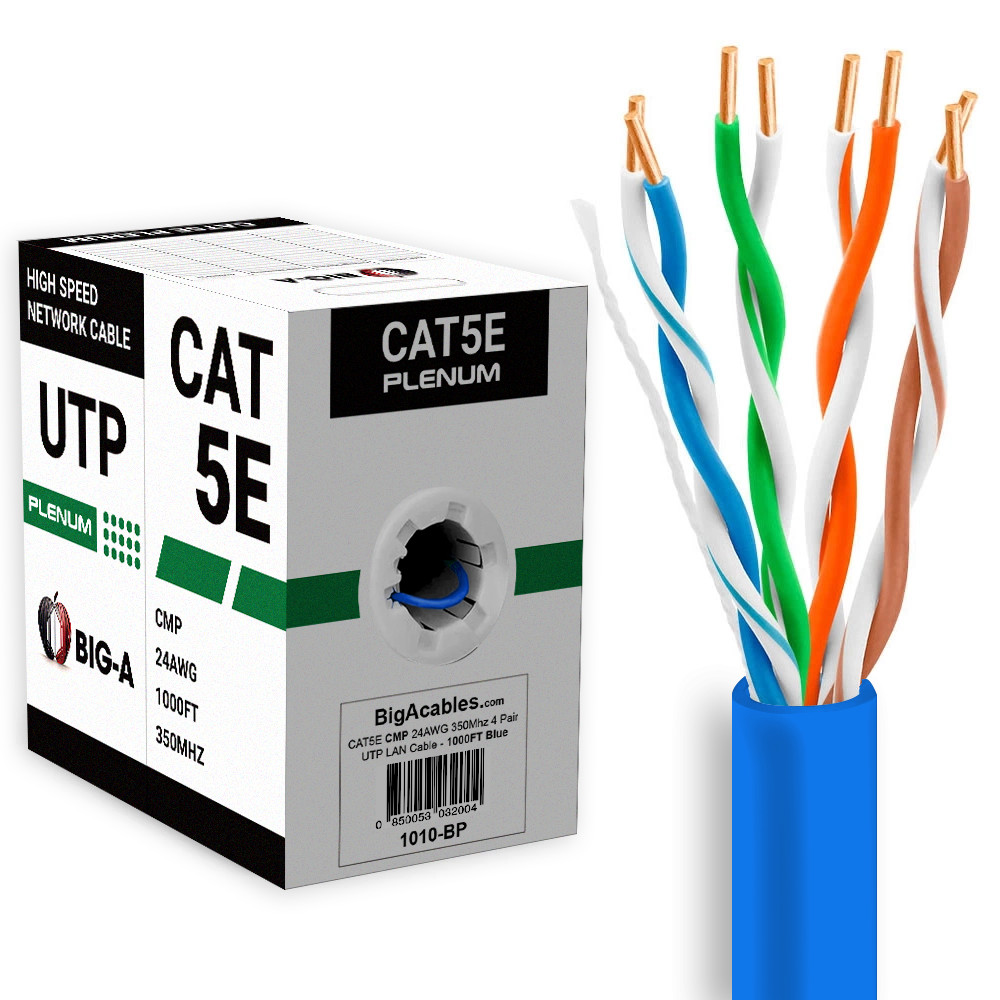 Plenum Cat5e Cable 1000ft Bulk CMP 24AWG Solid 4 Pair Cat 5e Ethernet Cord UTP
