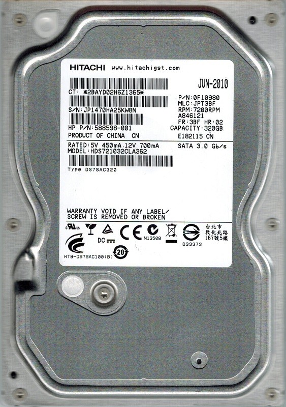 Hitachi HDS721032CLA362 P/N: 0F10980 MLC: JPT3BF 320GB
