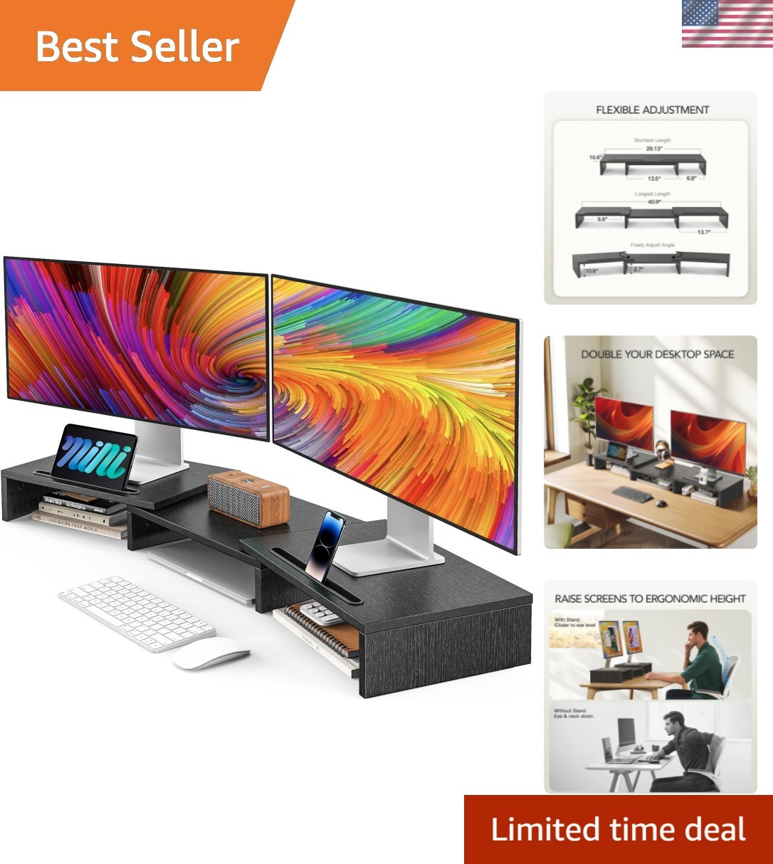 Multi-Functional Dual Monitor Stand with Adjustable Height - Ideal Desk Solution