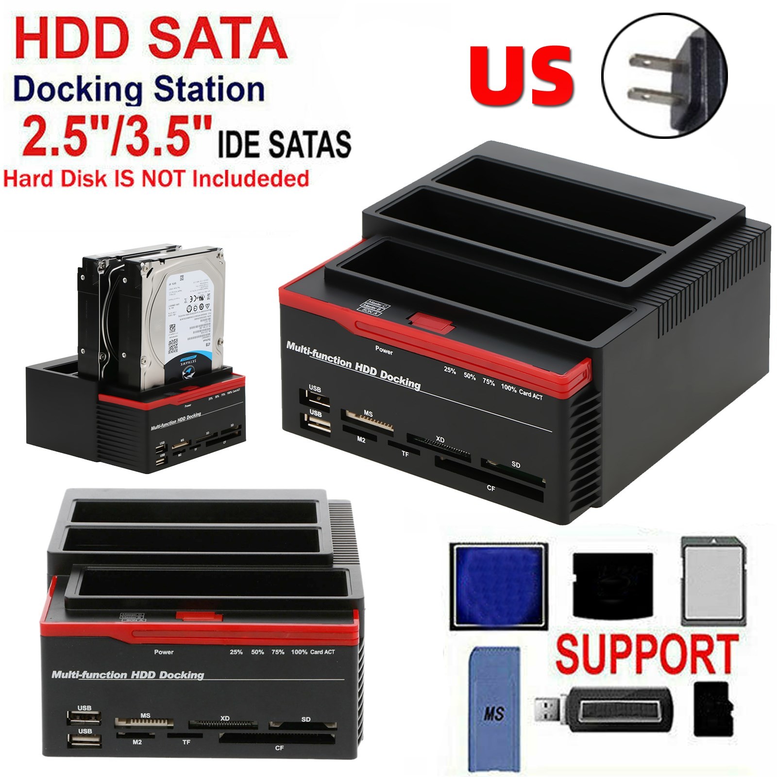 3 IDE SATA 2.5" 3.5" HDD Hard Drive Disk Clone Docking Station Card Reader US V2