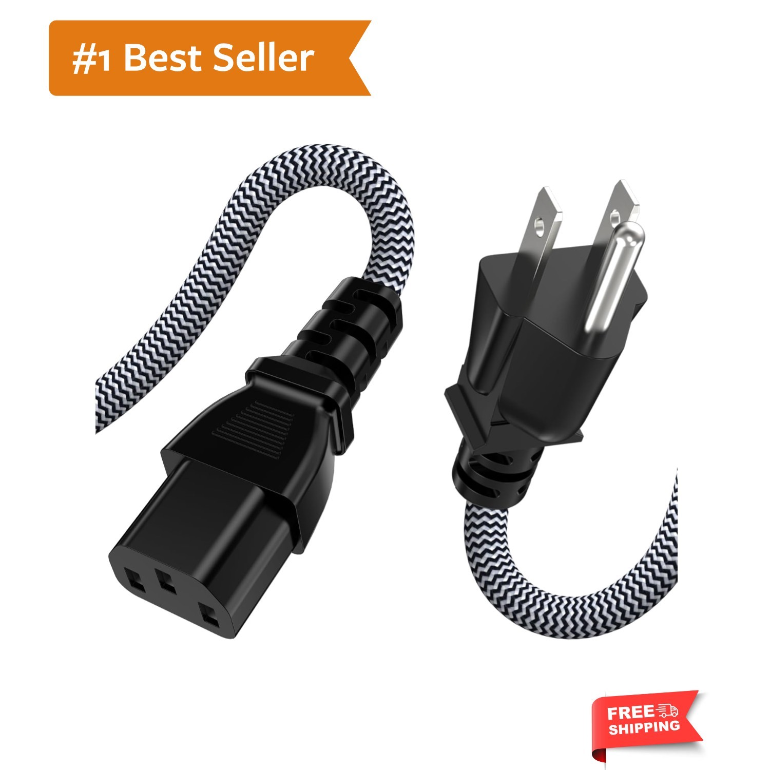 15FT Computer Power Cord 1 Pack, 3 Prong Nylon Braided Replacement Power Cabl...