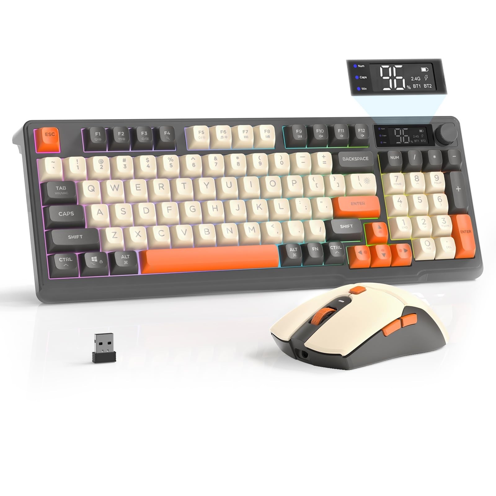 FREEWOLF T96 Smart Display Wireless Gaming Keyboard and Mouse Comb, 94Key LED...