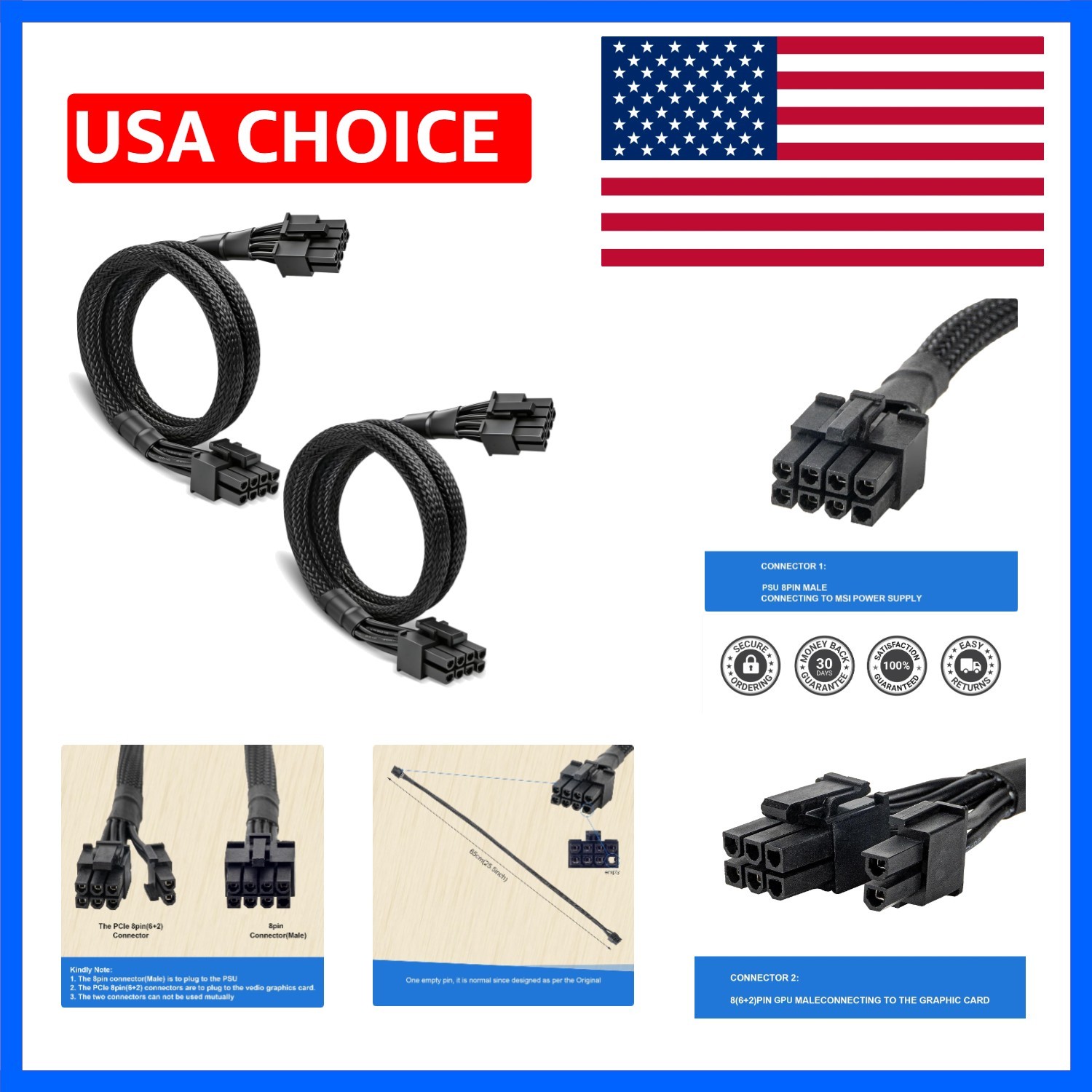 High-Performance 8 Pin to PCIe 6+2 Male Cables for MSI A Series Power Supplies