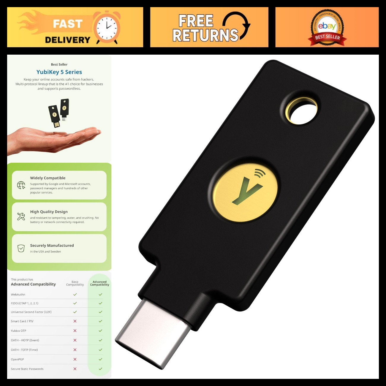 Multi-Factor Authentication Security Key - YubiKey 5C NFC, USB, FIDO Certified,