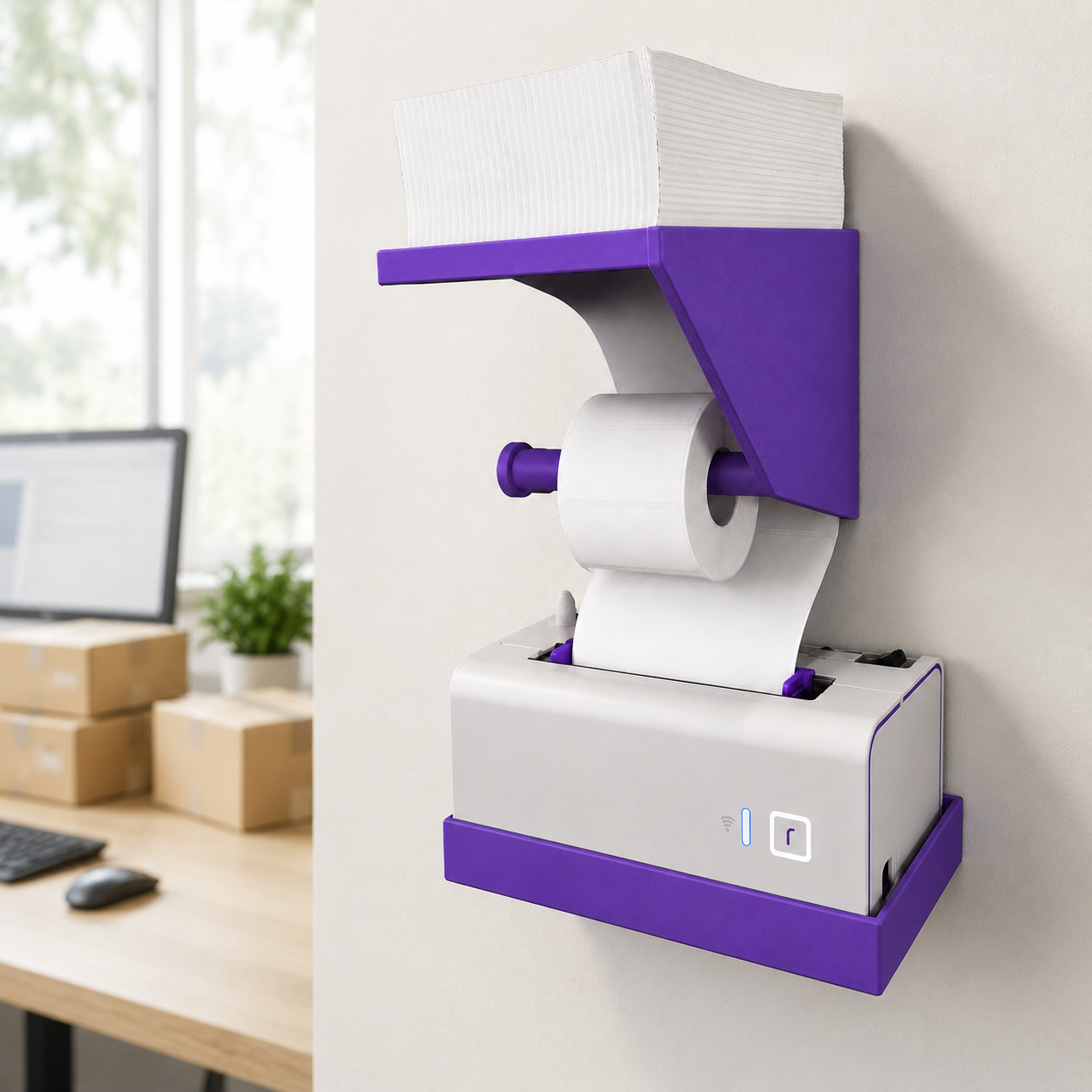 Wall Mount Bracket for Rollo Printer, Holds Fanfold and Roll Paper, Purple