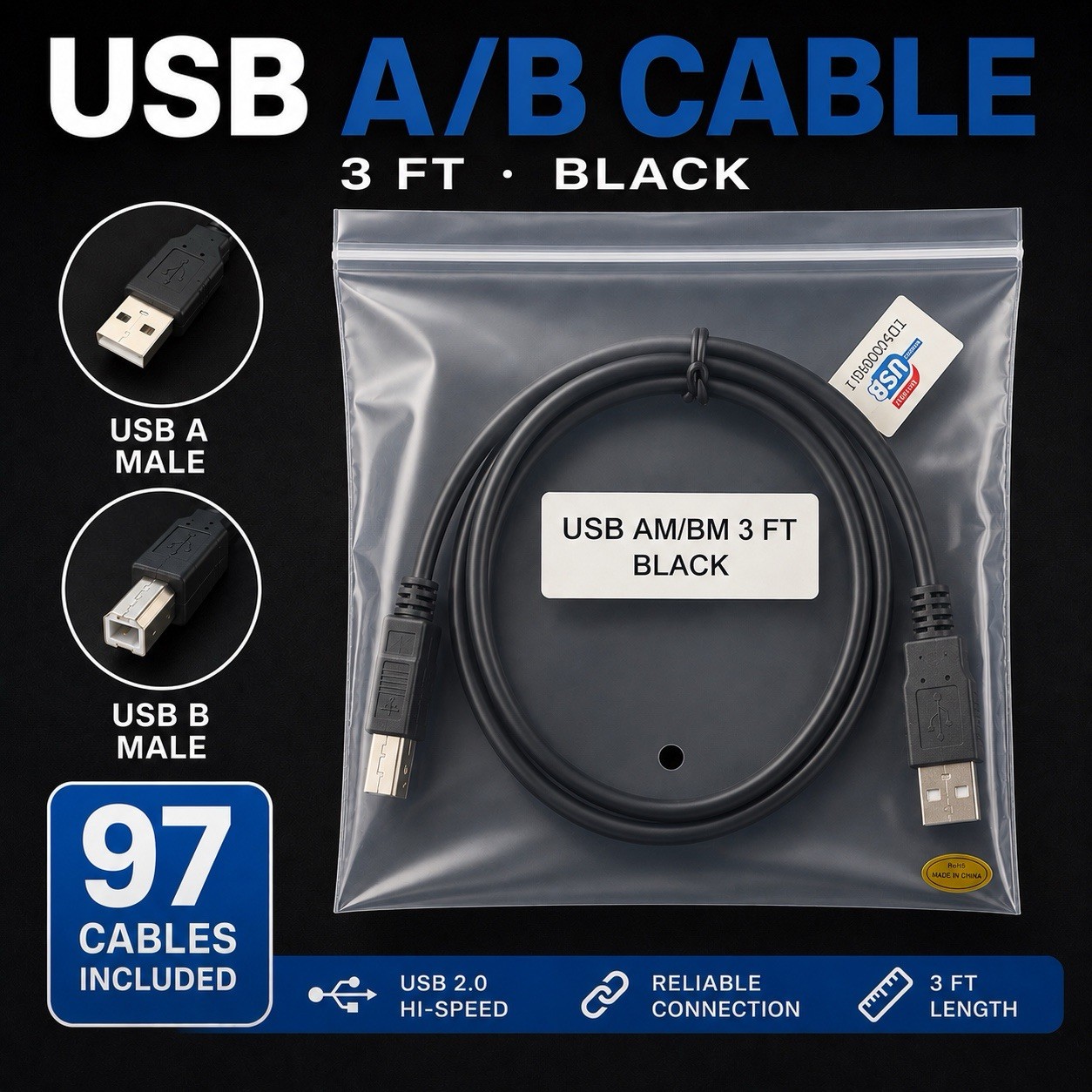 USB Printer Cables A/B 3FT Black New Sealed (Lot of 97)