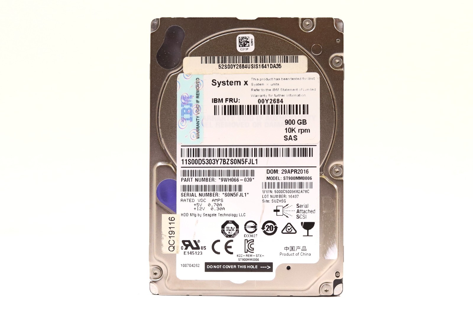 IBM ST900MM0006 900GB 2.5" 6Gb/s 10K RPM SAS Drive FRU P/N: 00Y2684 Tested