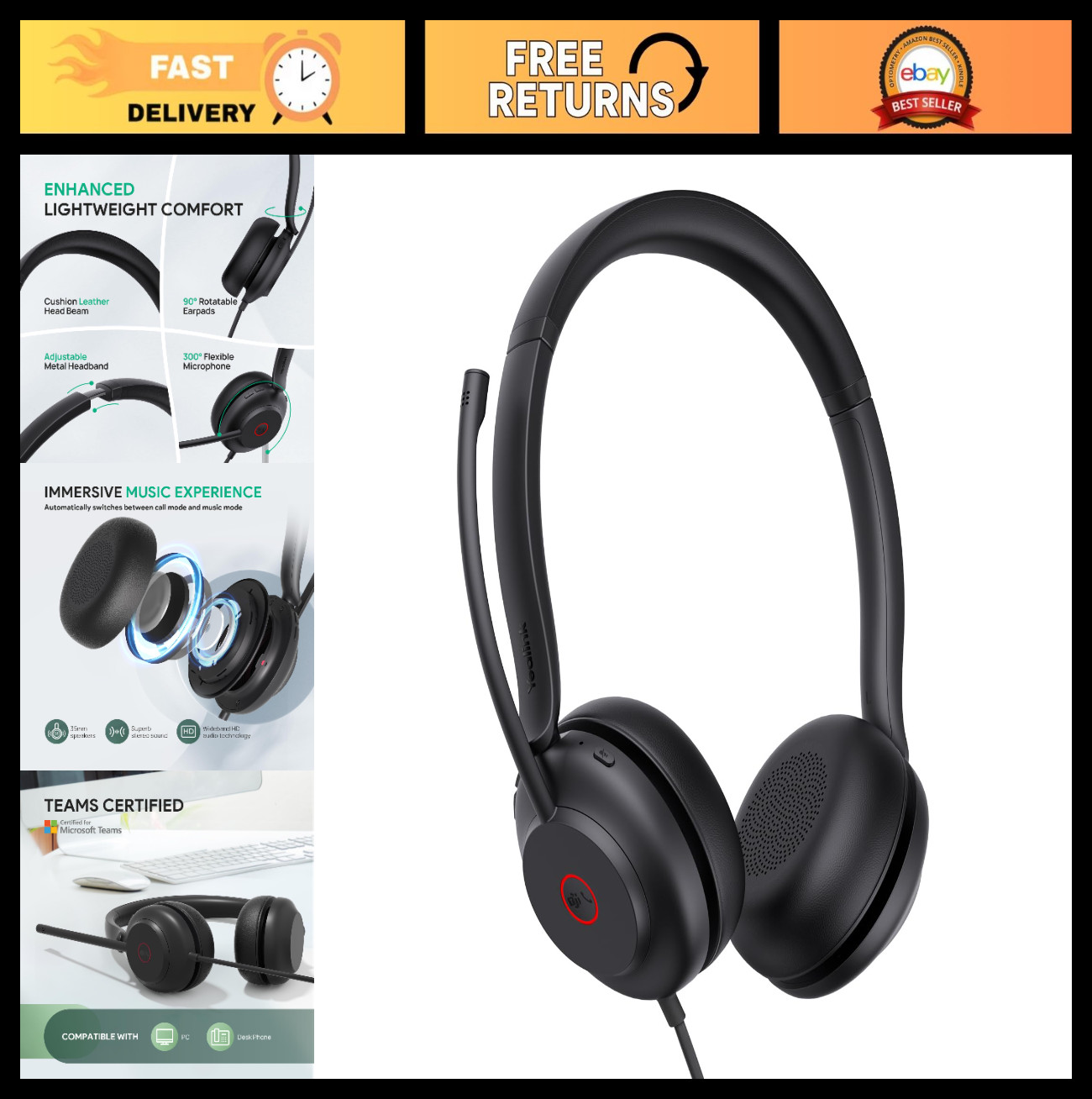 Wired USB-A Headset with AI Noise Canceling Mic, Call Control, On-Ear Design