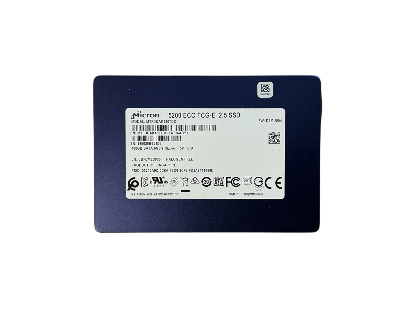 Micron 5200 ECO TCG-E 480GB 2.5” SATA SSD SED MTFDDAK480TDC 6Gb/s