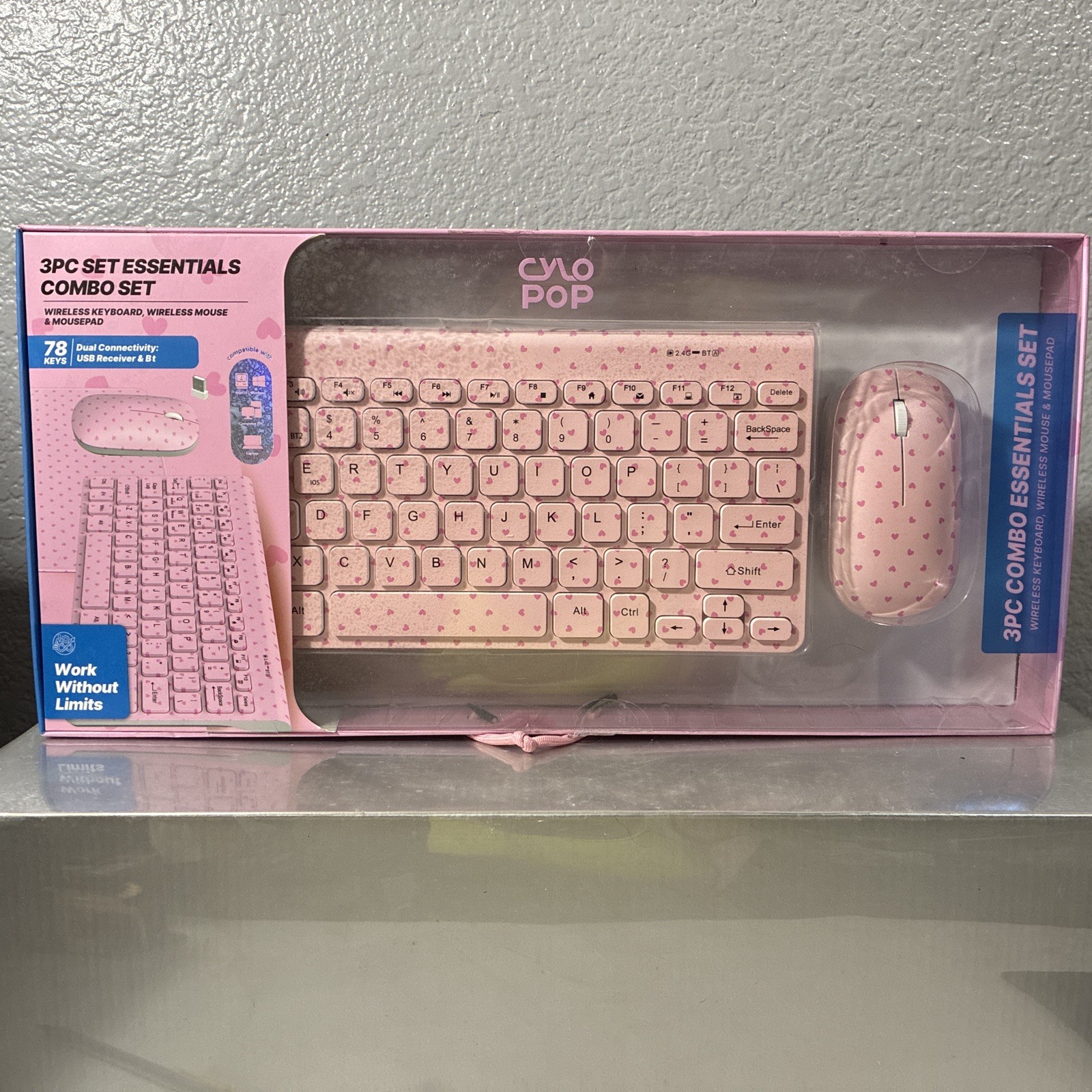 Cylo Wireless Touch Keyboard & Mouse Set (MAC/PC Compatible) [Pink💕Hearts] Read