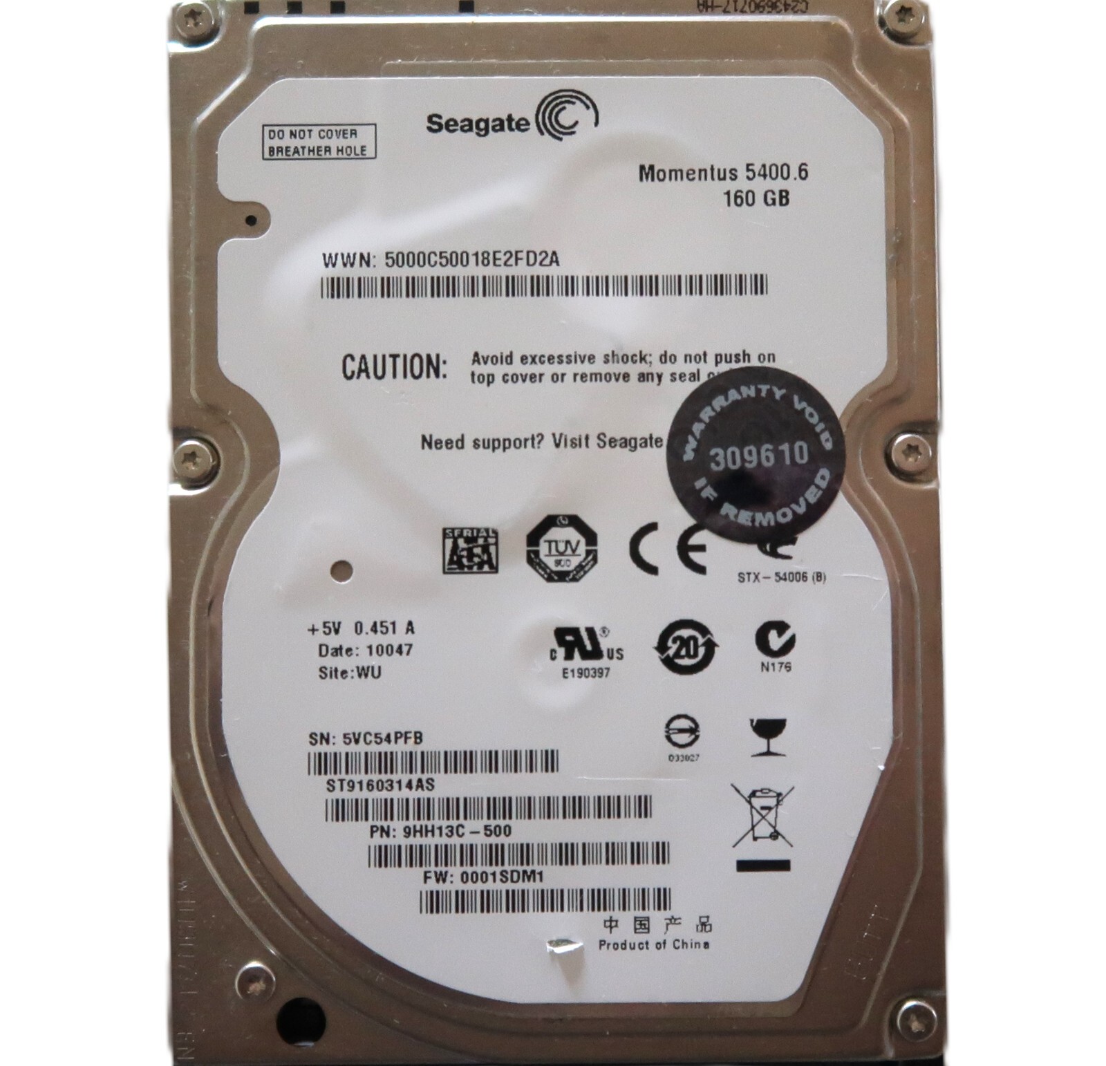 ST9160314AS PN: 9HH13C-500 FW:0001SDM1 (5VC5) WU China 160gb 2.5" Sata JUL/2009