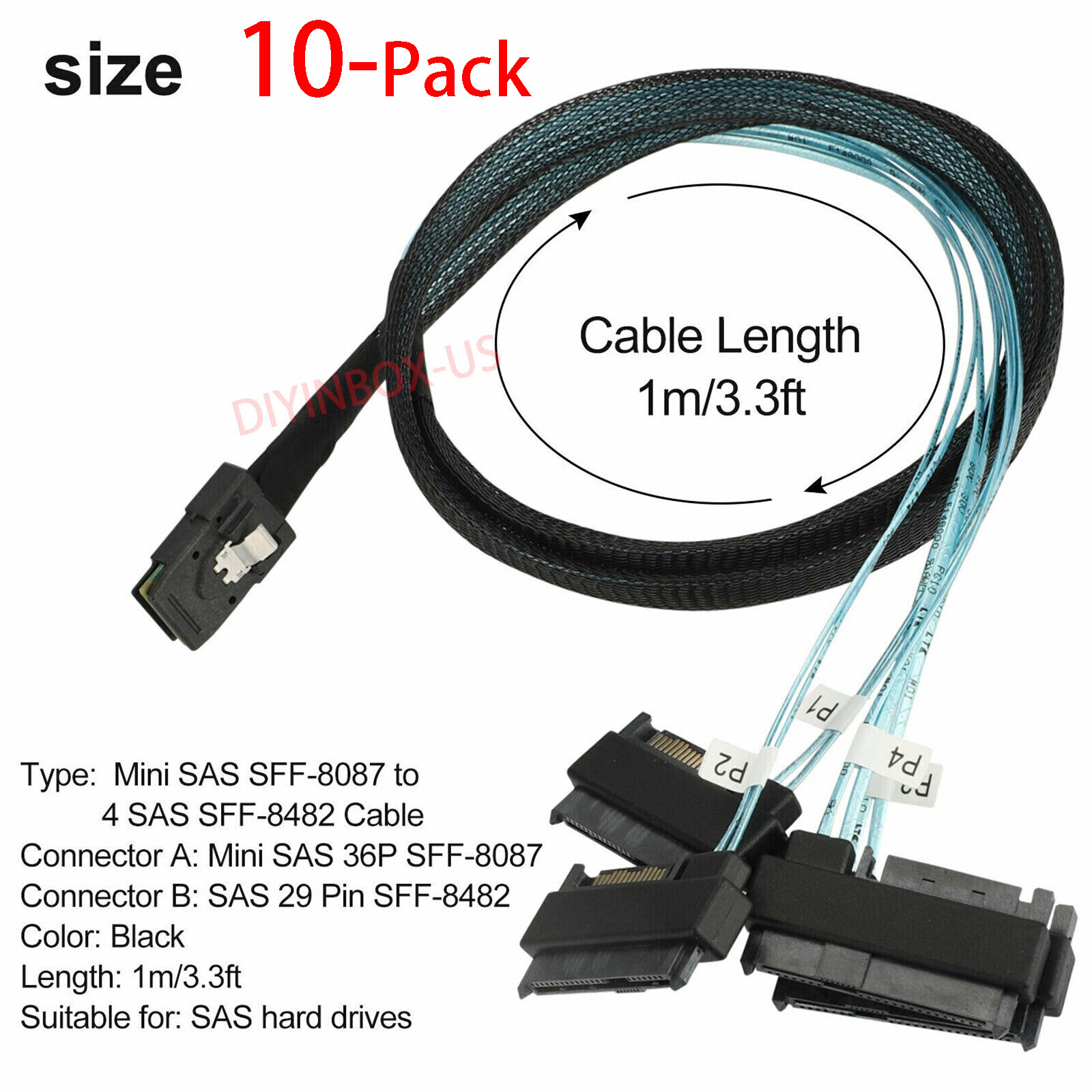 X10 Mini SAS 36P SFF-8087 to 4 SFF-8482 Connectors With SATA Power Cable 3.3FT
