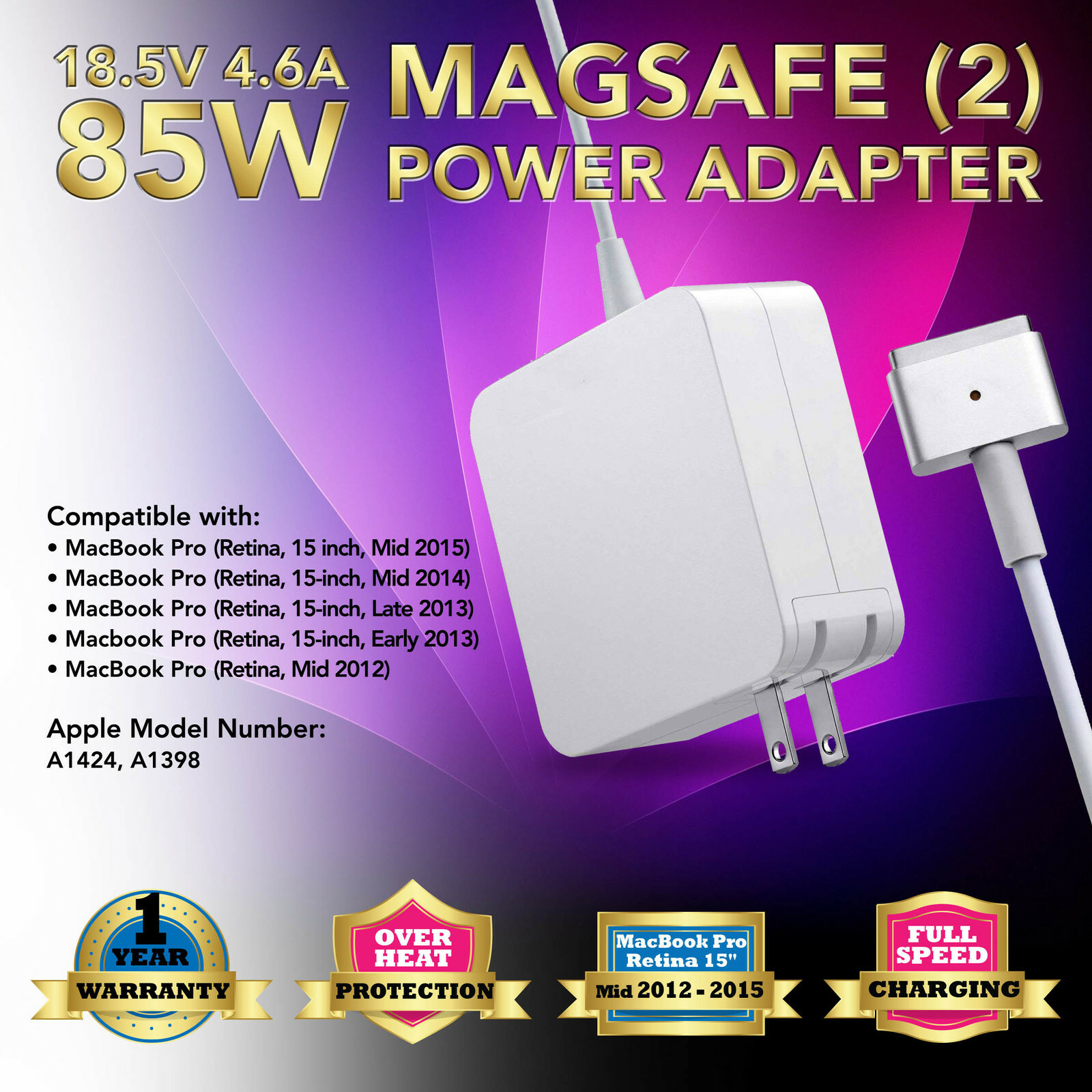 85W AC Adapter Charger Power Supply for Apple MacBook Pro 15" Retina A1398 A1424