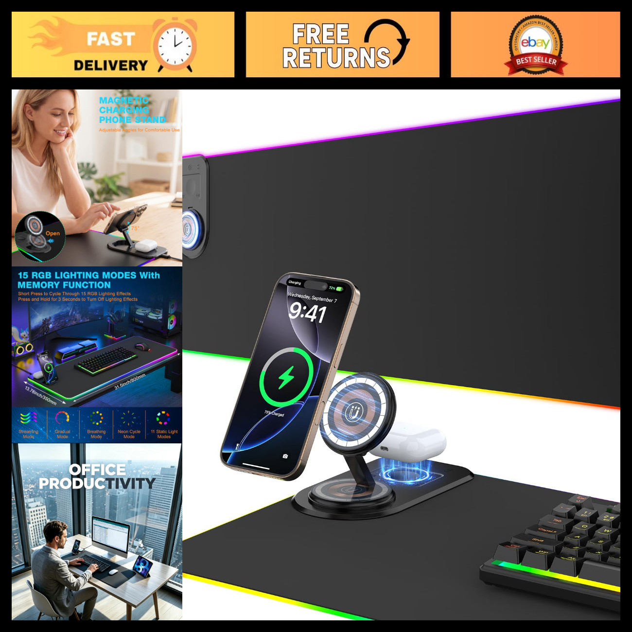 Wireless Charging Gaming Mouse Pad - Magnetic Foldable Desk Mat & Phone Stand