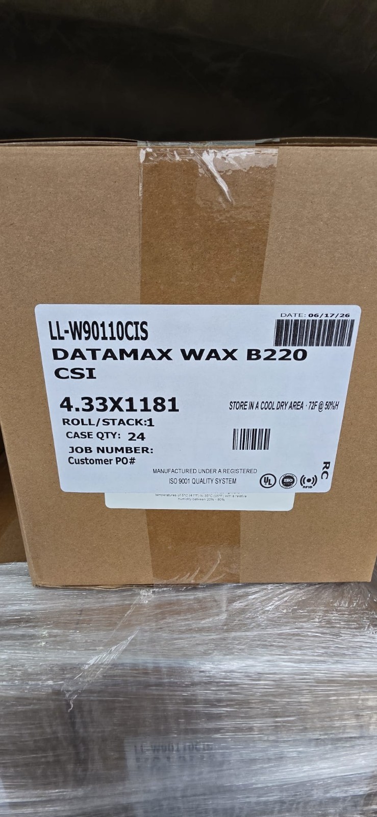 CASE of 24 Industrial Thermal Transfer Ribbons - Datamax Wax B22, 4.33" X 1,181'