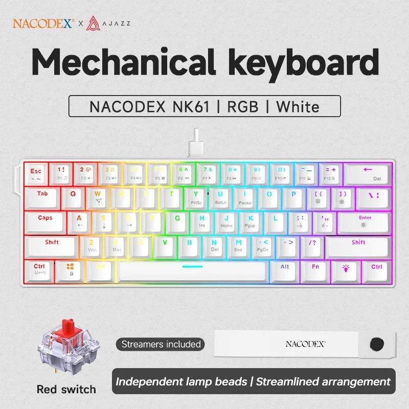 AJAZZ NK61 60% Mechanical Gaming Keyboard RGB Hot-Swappable Red Switch 61-Key