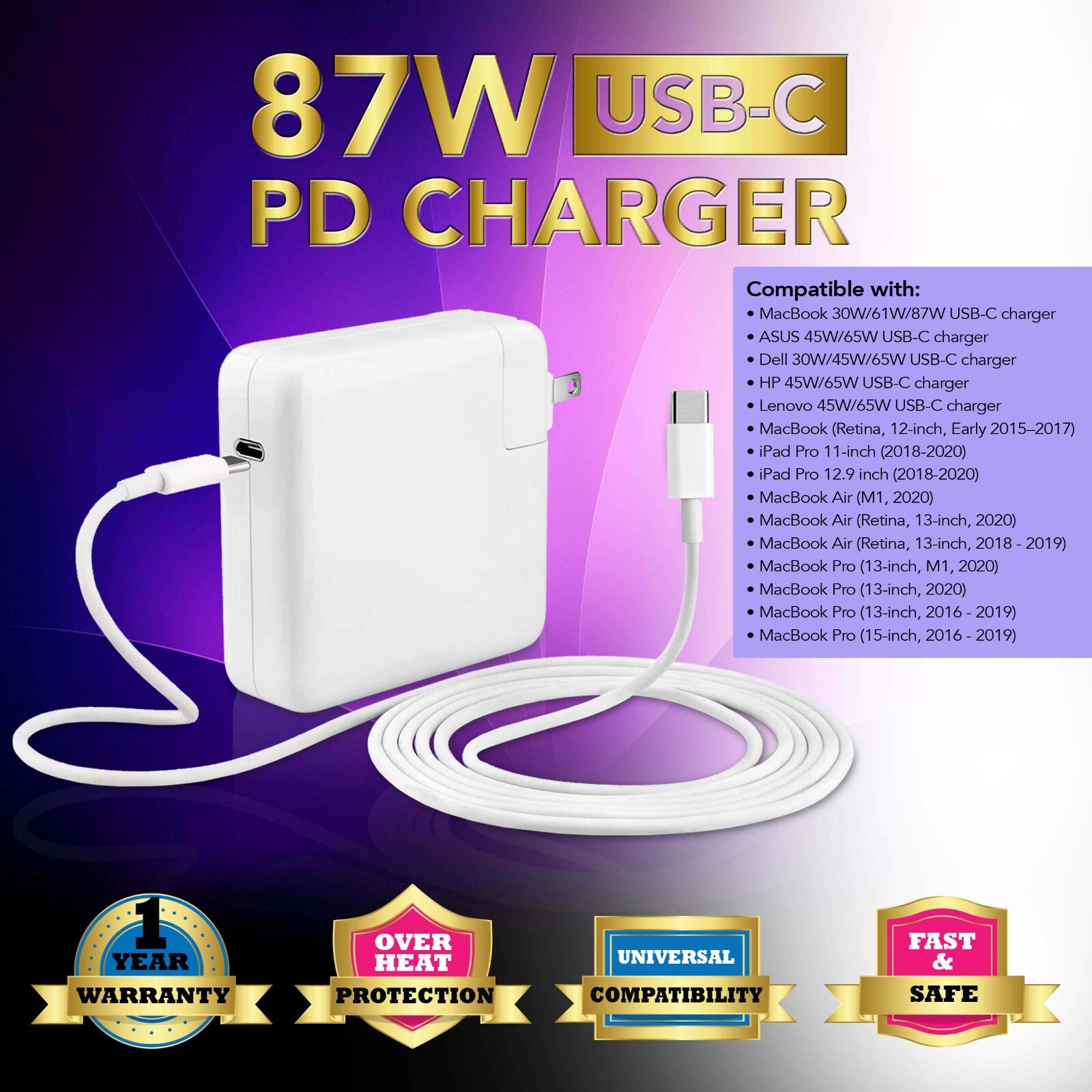 Laptop Charger 87W USB-C AC Power Supply Adapter Type-C For Mac Air Thunderbolt