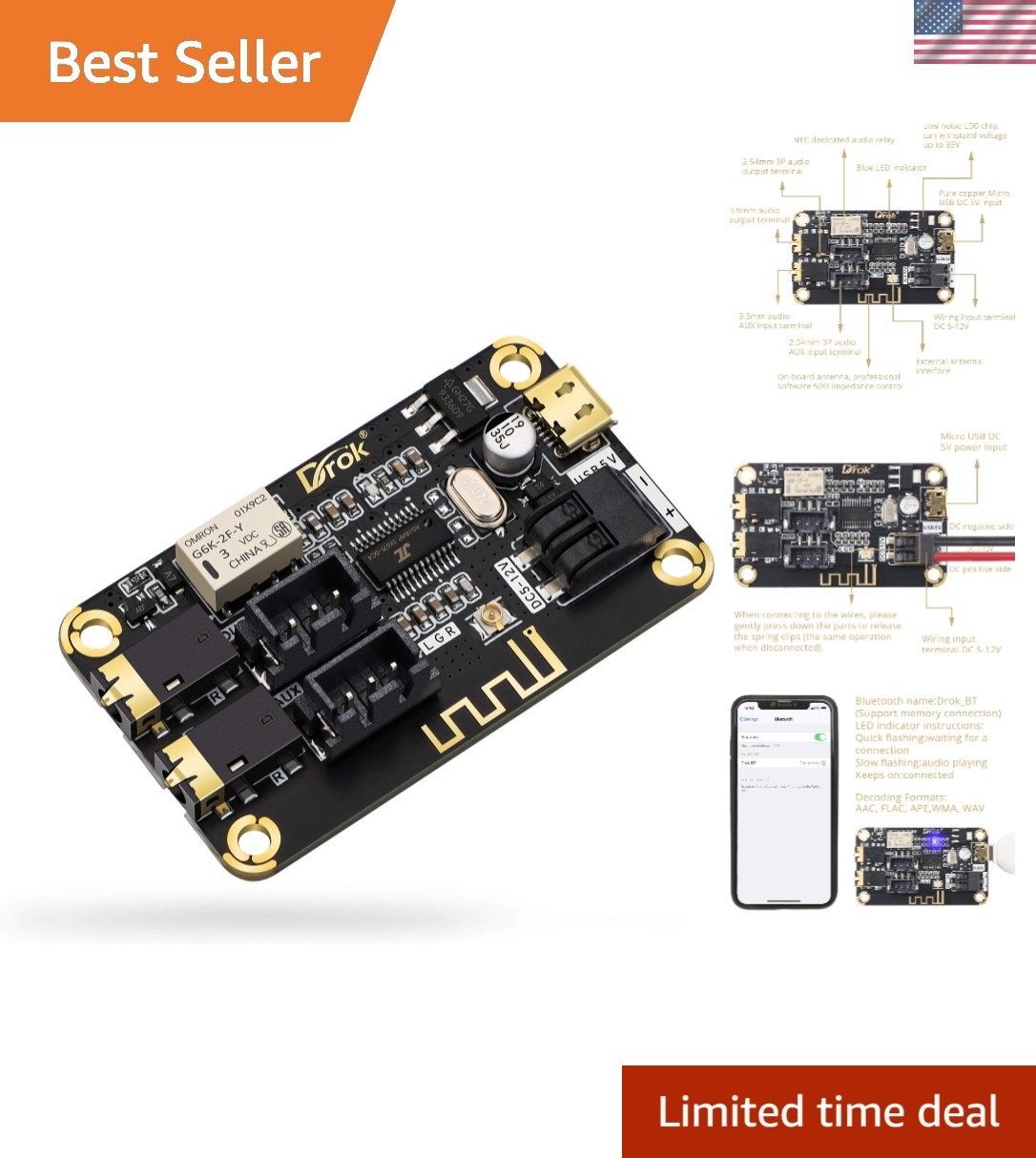 Blue~Tooth Board, 12V Audio Receiver Blue~Tooth Module DC 5V-12V Portable Wir...