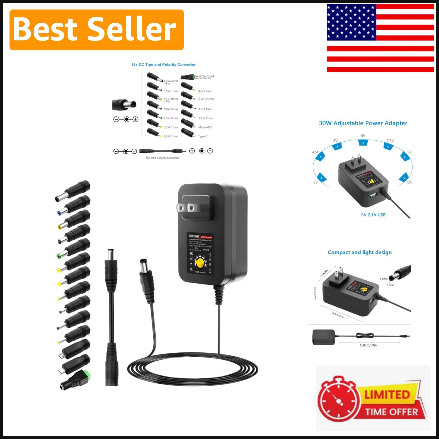 30W Adjustable Universal Power Supply with USB Port & 14 Tips for Versatile Use