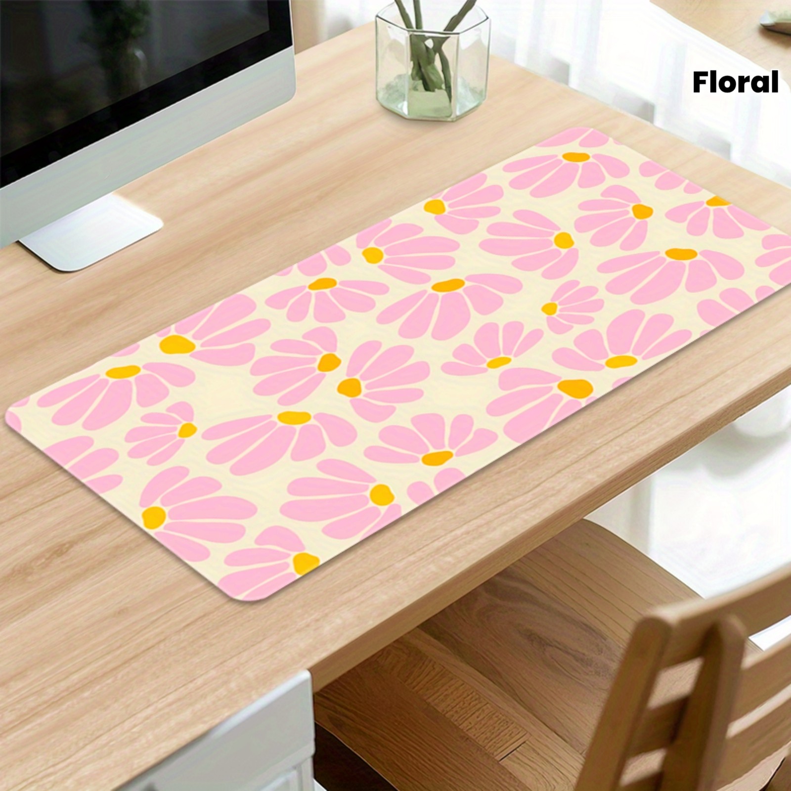 XXL Rubber Stitched Edge Pink Daisy Floral Mouse Pad - Large Gaming Keyboard M