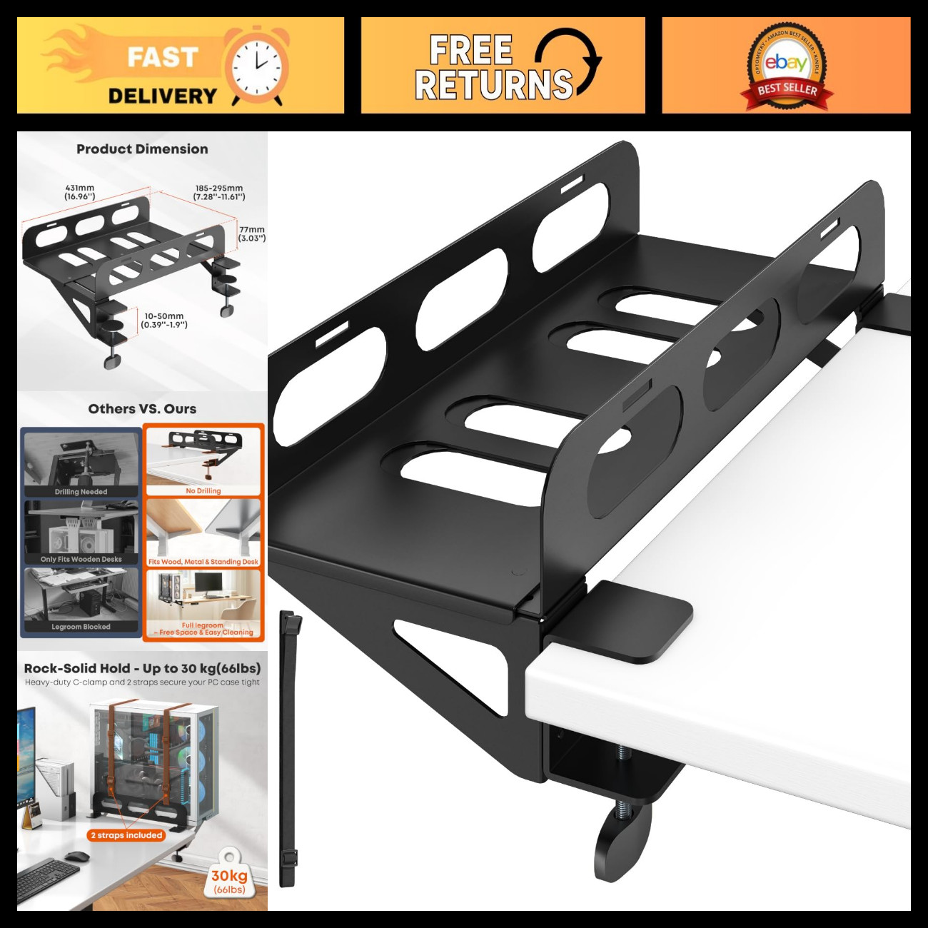 Heavy Duty Clamp-On Desk Mount for PC Monitors, Supports Up to 66 lbs, Adjustabl