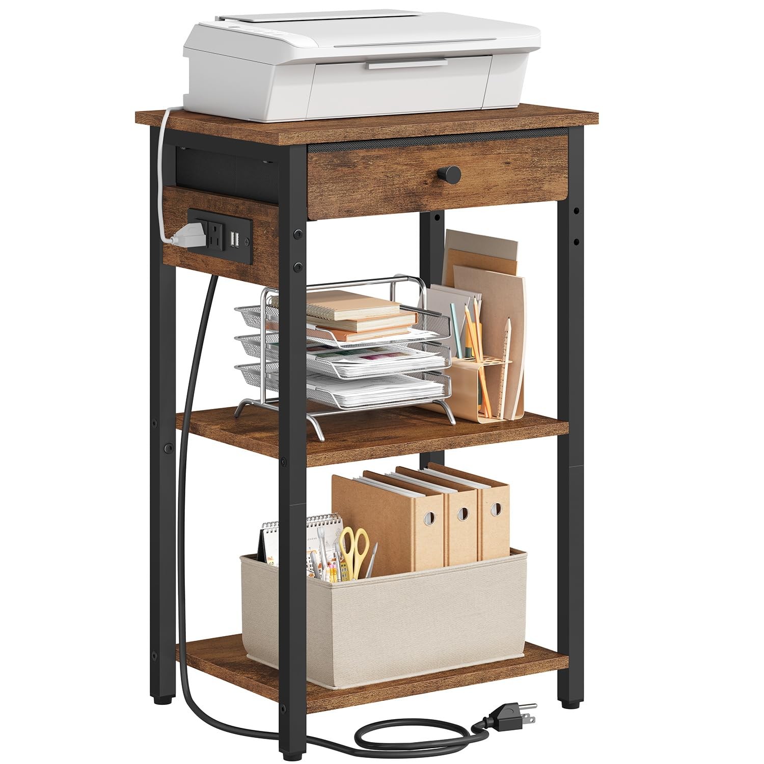 Printer Stand Charging Station 3Tier Under Desk Table End Storage Brown Cart