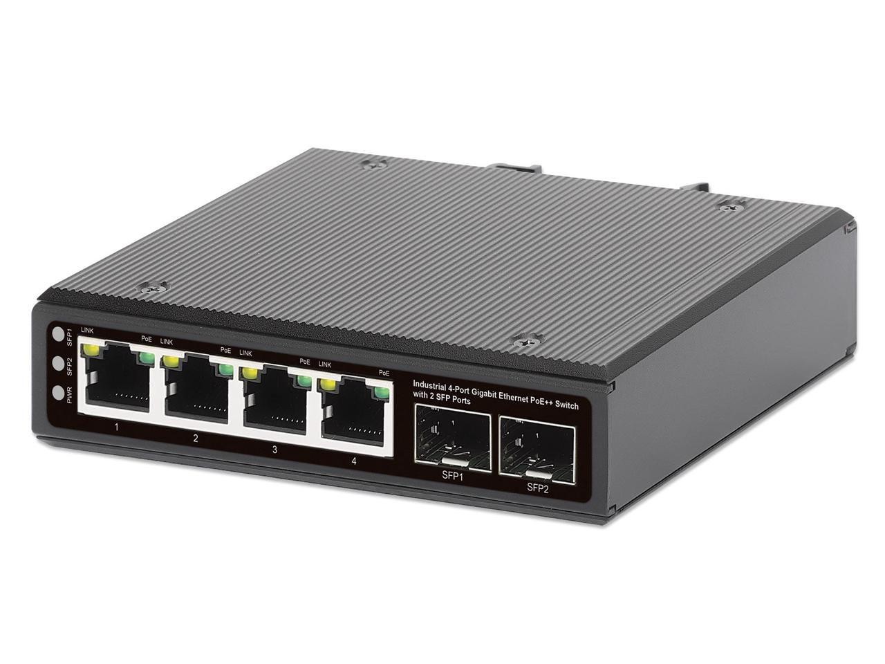 Intellinet Industrial 4-Port Gigabit Ethernet PoE++ Switch with 2 SFP Ports, IEE