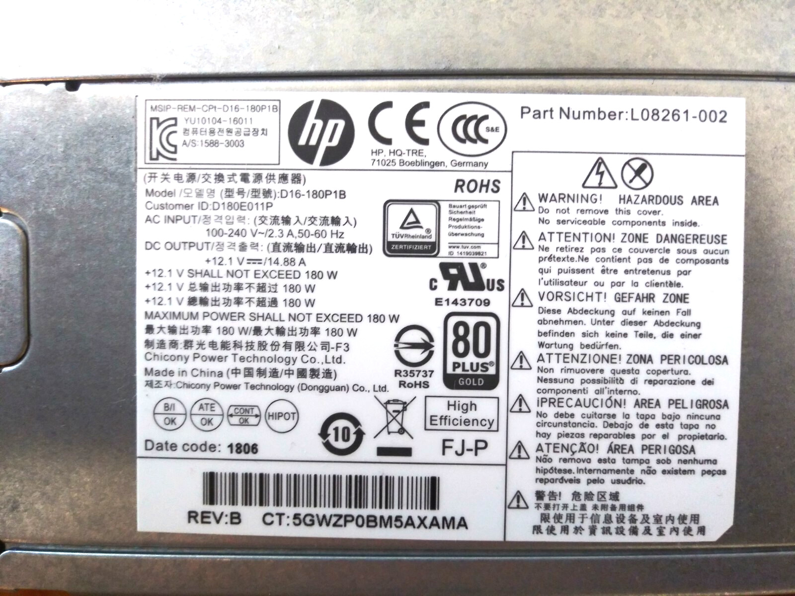 L08261-002 HP Envy Pavilion 590/595 Desktop 180W Power Supply D16-180P1B