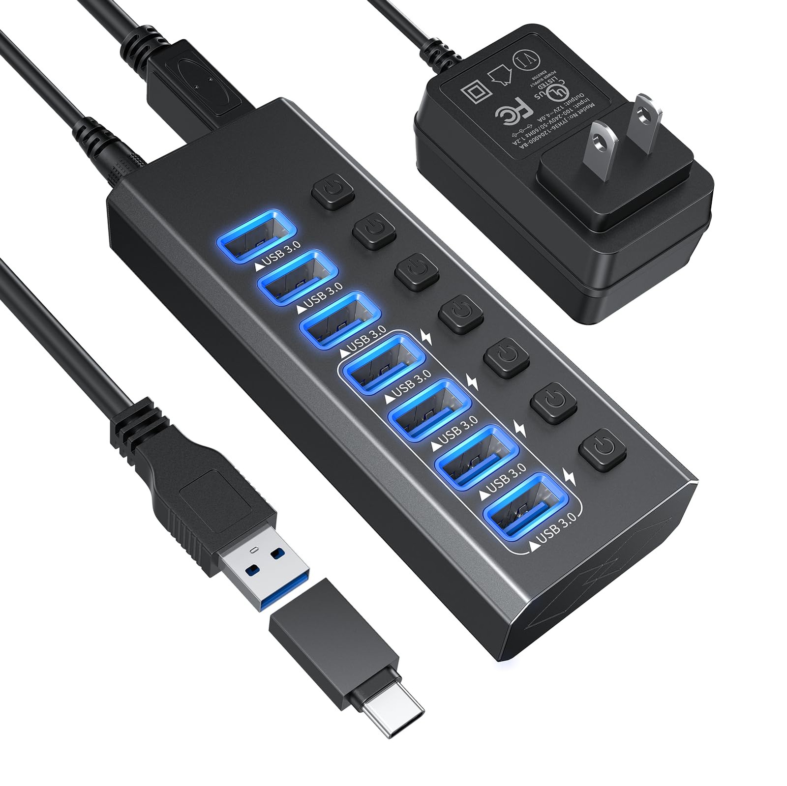 Powered USB Hub 3.0, 7-Port USB 3.0 Hub [Durable Aluminum] 7 Data Transfer Po...