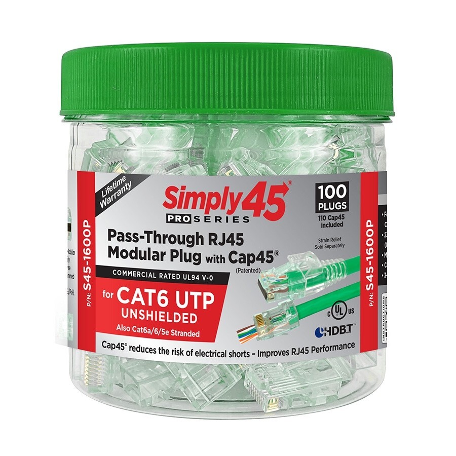 Simply45 ProSeries Cat6 Unshielded PassThrough RJ45 Modular Plugs/Cap45 - 100PK