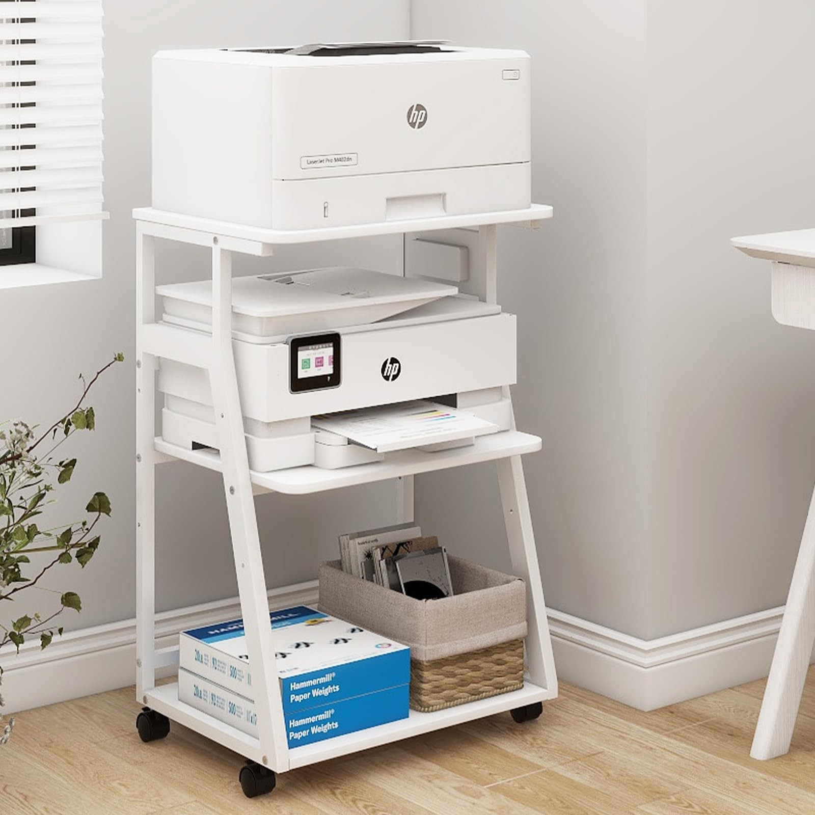 3 Tier Printer Stand, 19.7"x15.7", with Charging Station,White