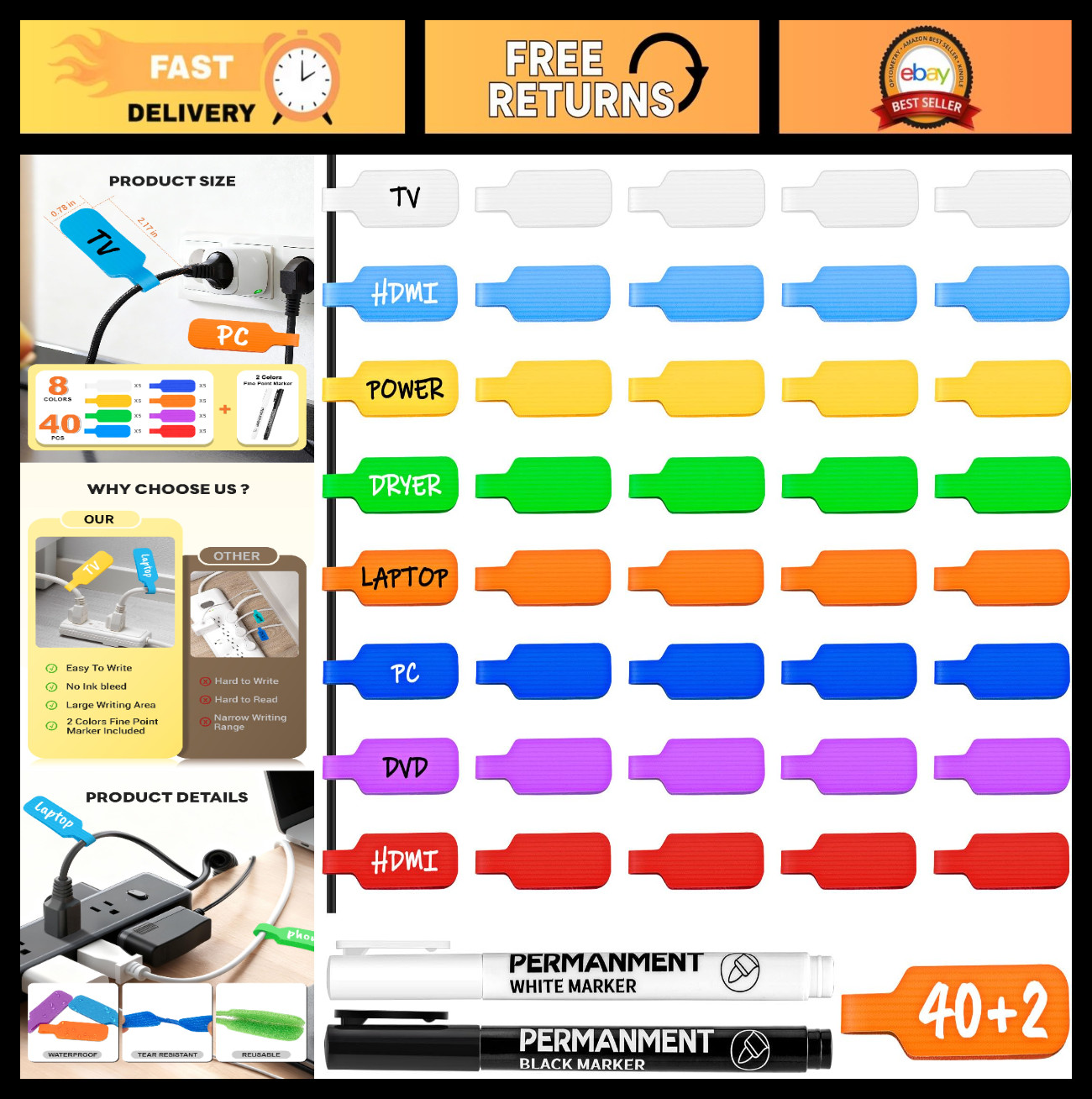 40 Pcs Reusable Cable Labels with Fine Point Marker - Multicolored Wire Organize