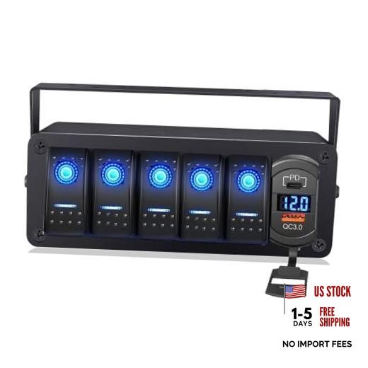 5-Gang Rocker Switch Box - 12V SPST ON/Off, PD Type C & QC 3.0 USB 5 Gang