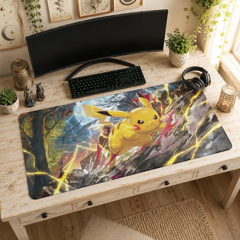 Pikachu Mouse Pad  XL Desk Mat, Pokemon Lightning Forest Mat Accessories