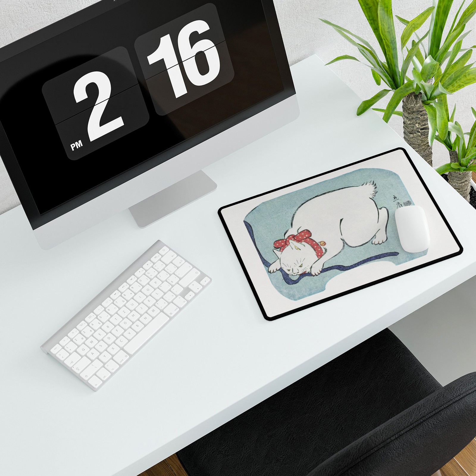 Japanese White Cat Art Desk Mat Ukiyo-e Style Mousepad Cat Lover Office Decor