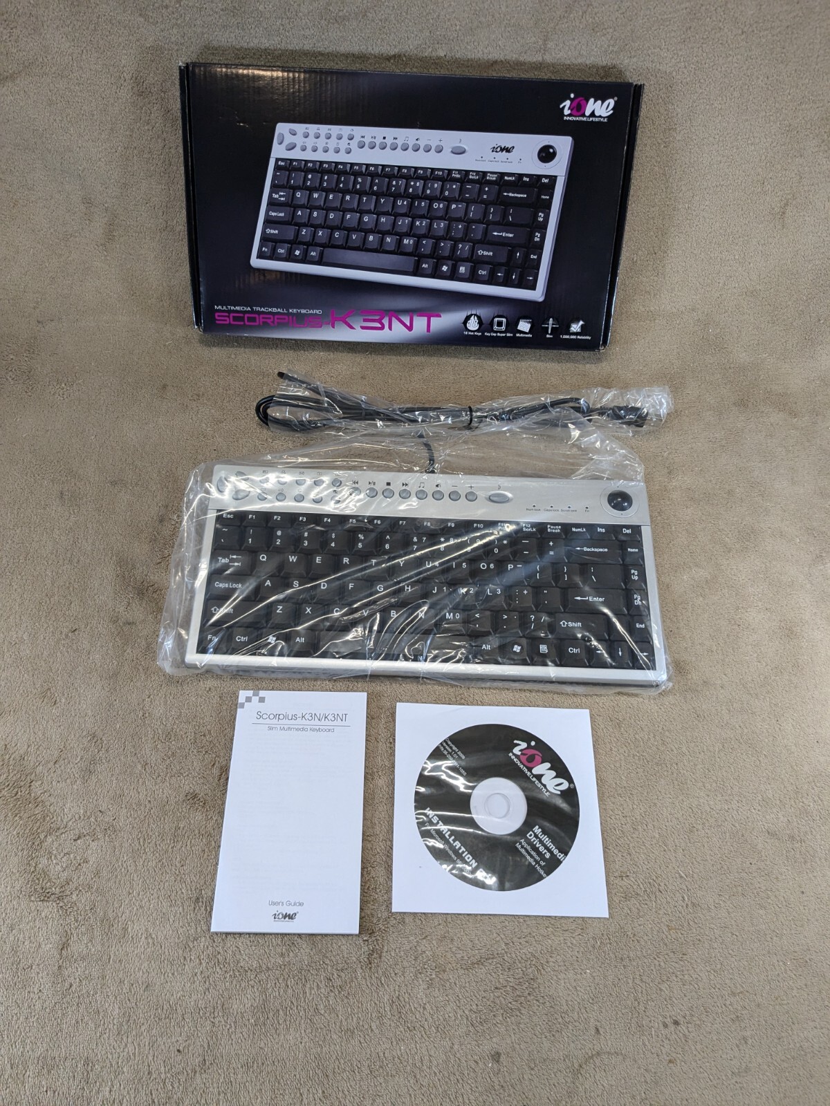 iONE SCORPIUS-K3NT Multimedia Trackball Keyboard Wired USB Interface K3NT-U