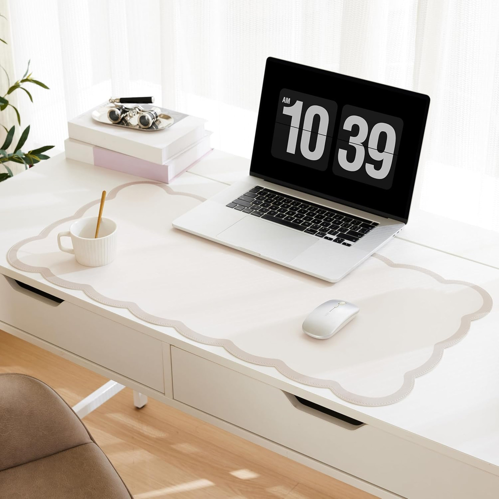 Scalloped Desk Mat, PU Leather Computer Mouse Pad, 31.5 Inch Large Desktop