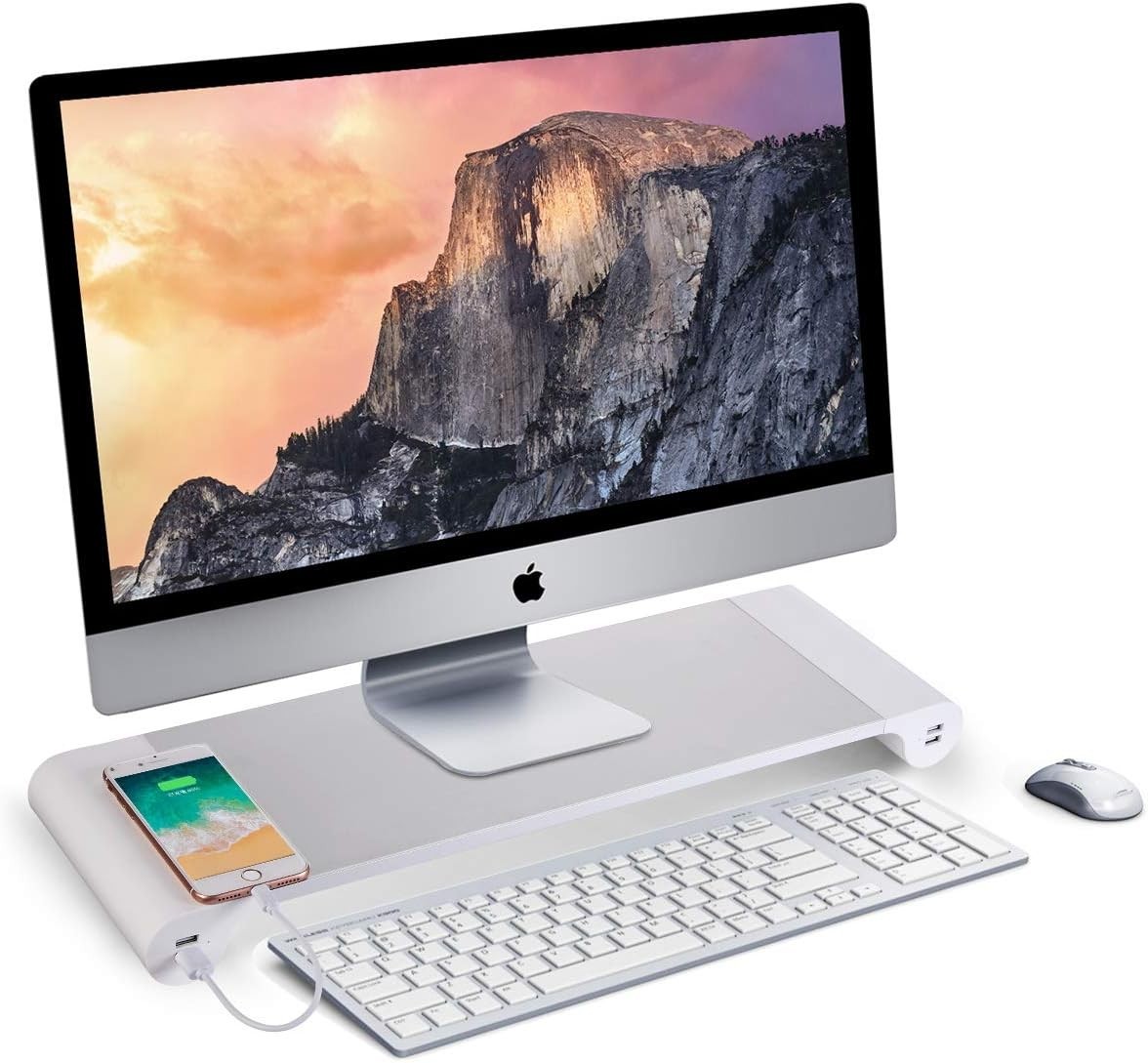 PG Silver Monitor Stand Riser 4Port USB Charging Keyboard Organizer Shelf