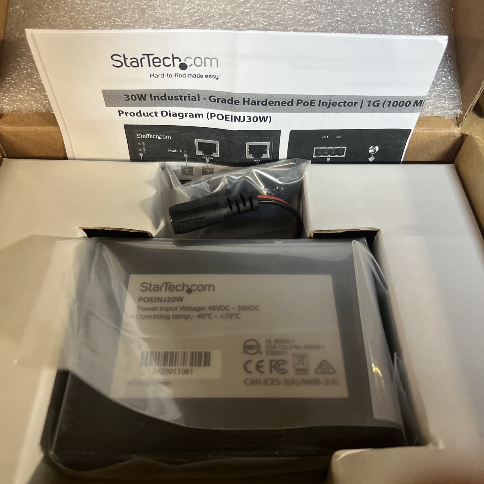 StarTech Industrial Gigabit Ethernet 30W 802.3at PoE+ PoE Injector POEINJ30W