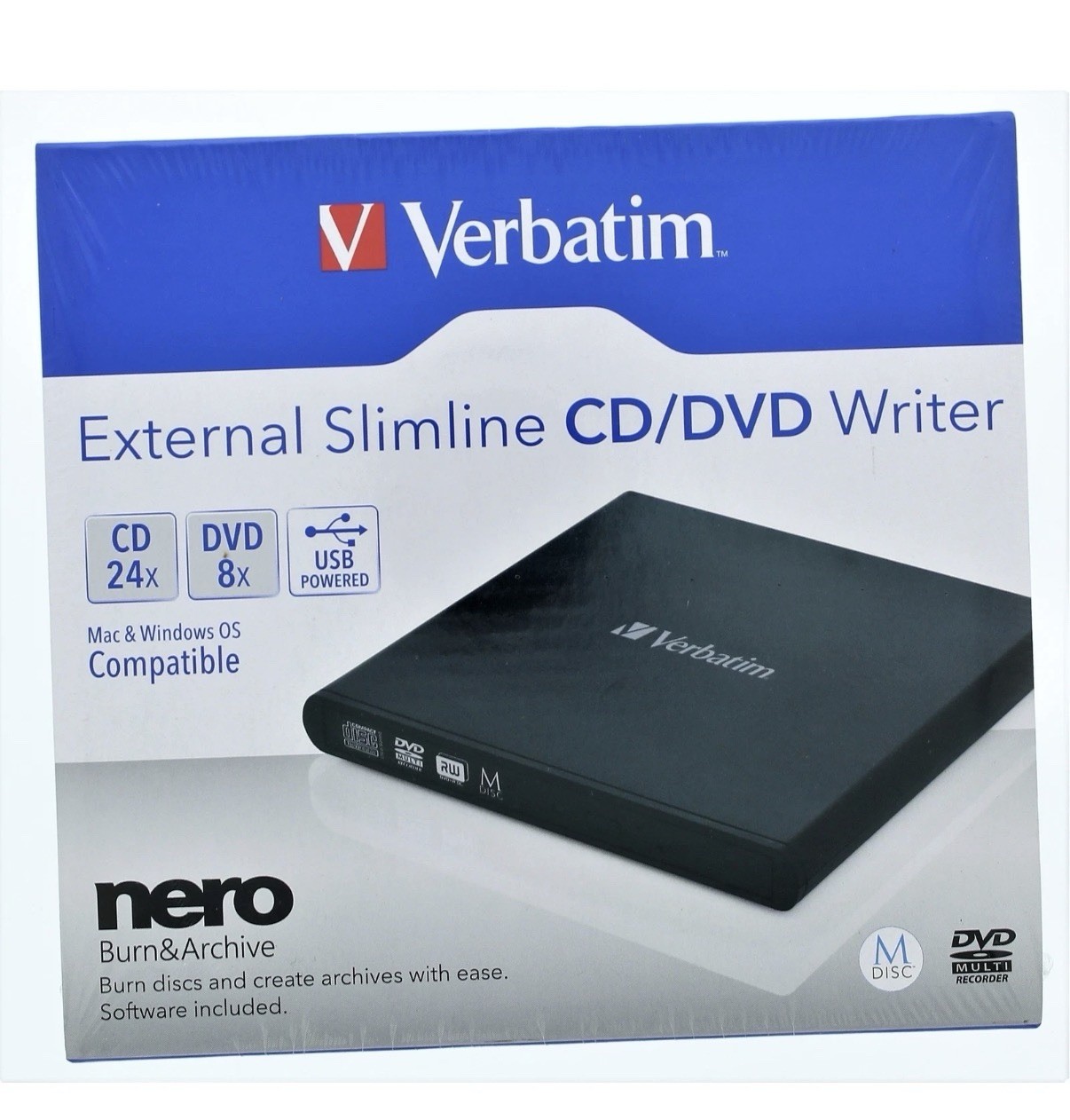 Verbatim External Slimline CD/DVD Writer Mac & Windows OS Compatible
