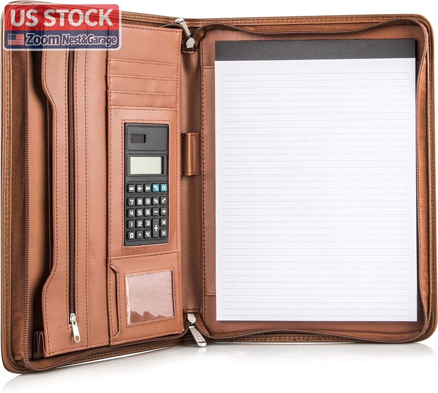 US Stock Cossini Business Portfolio Zipper Padfolio PU Leather Tan