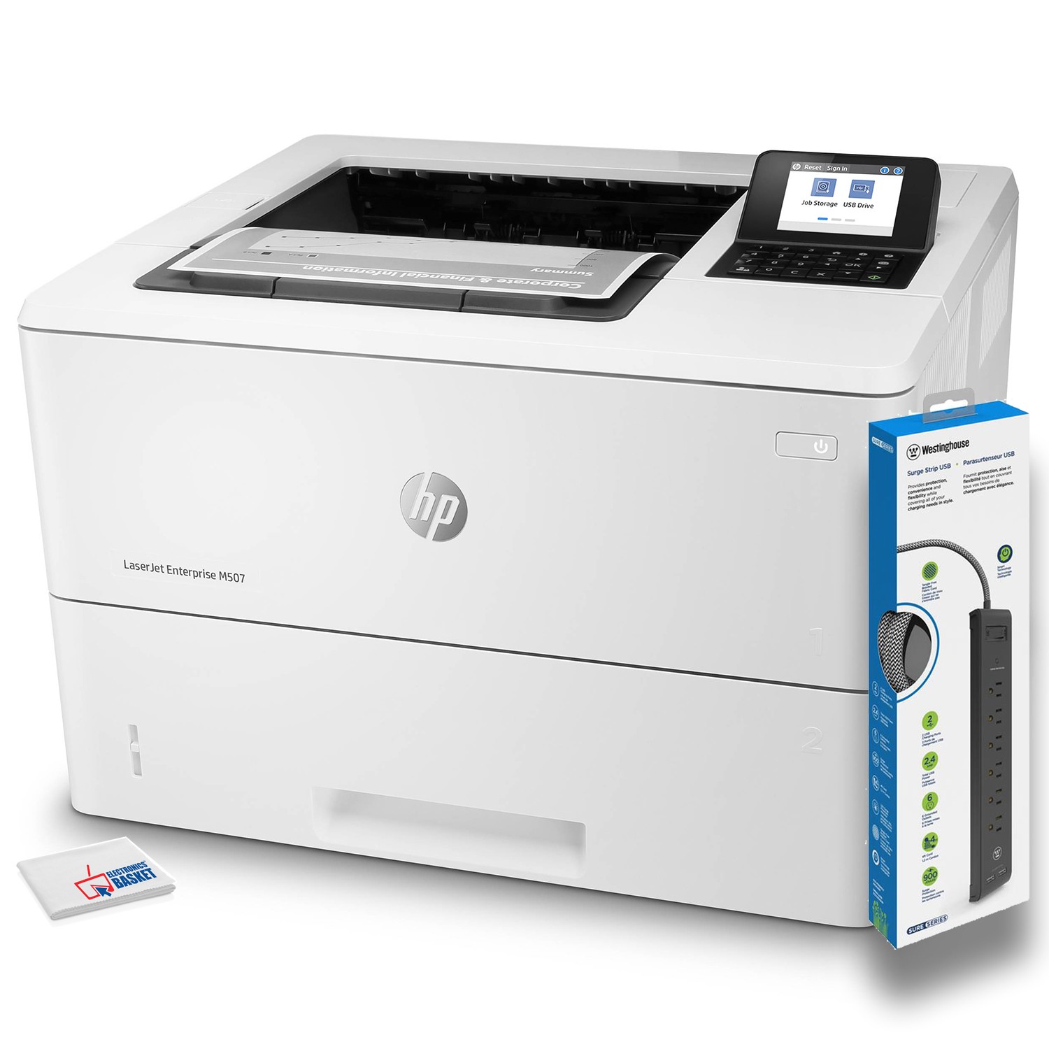 HP LaserJet Enterprise M507dn Monochrome Printer + Power Strip Surge Protector