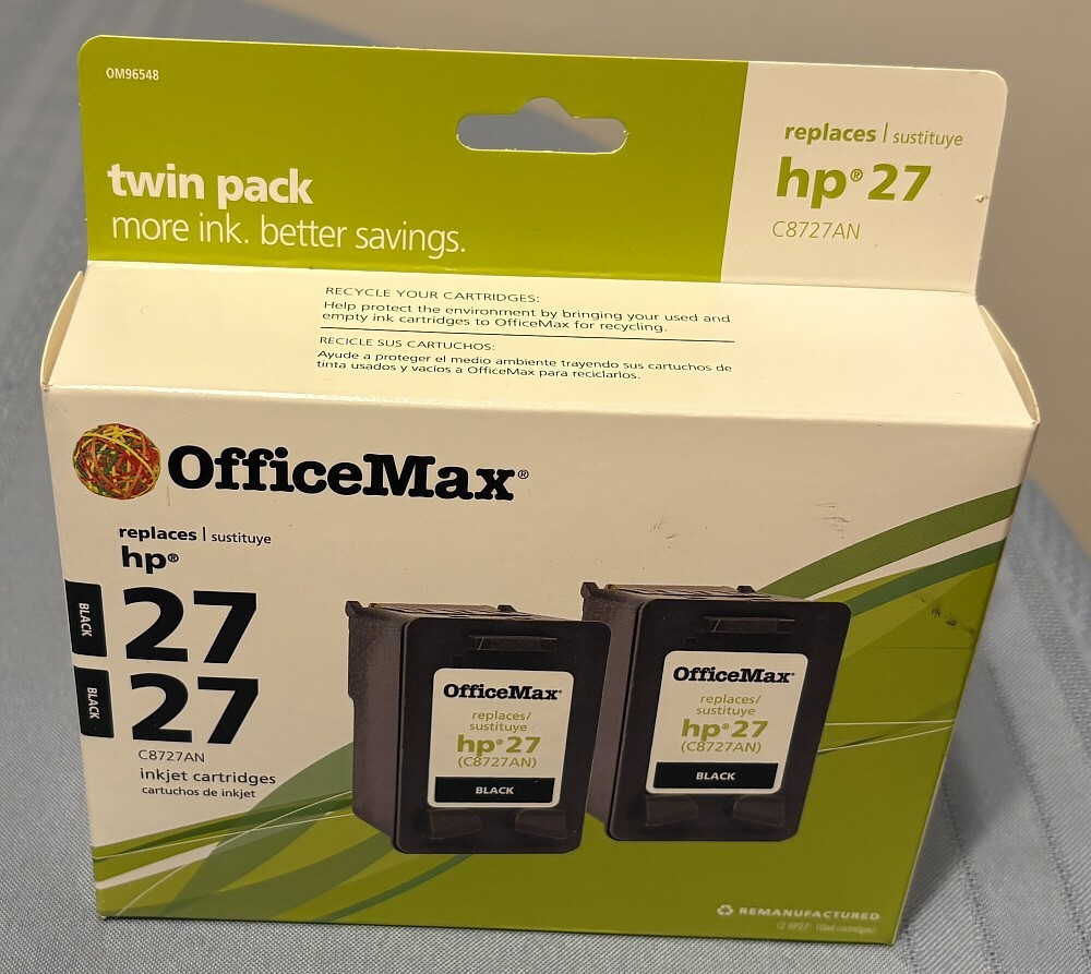 NEW Office Max (Replaces HP 27) Black Inkjet Cartridges (C8727AN) Twin Pack 2012