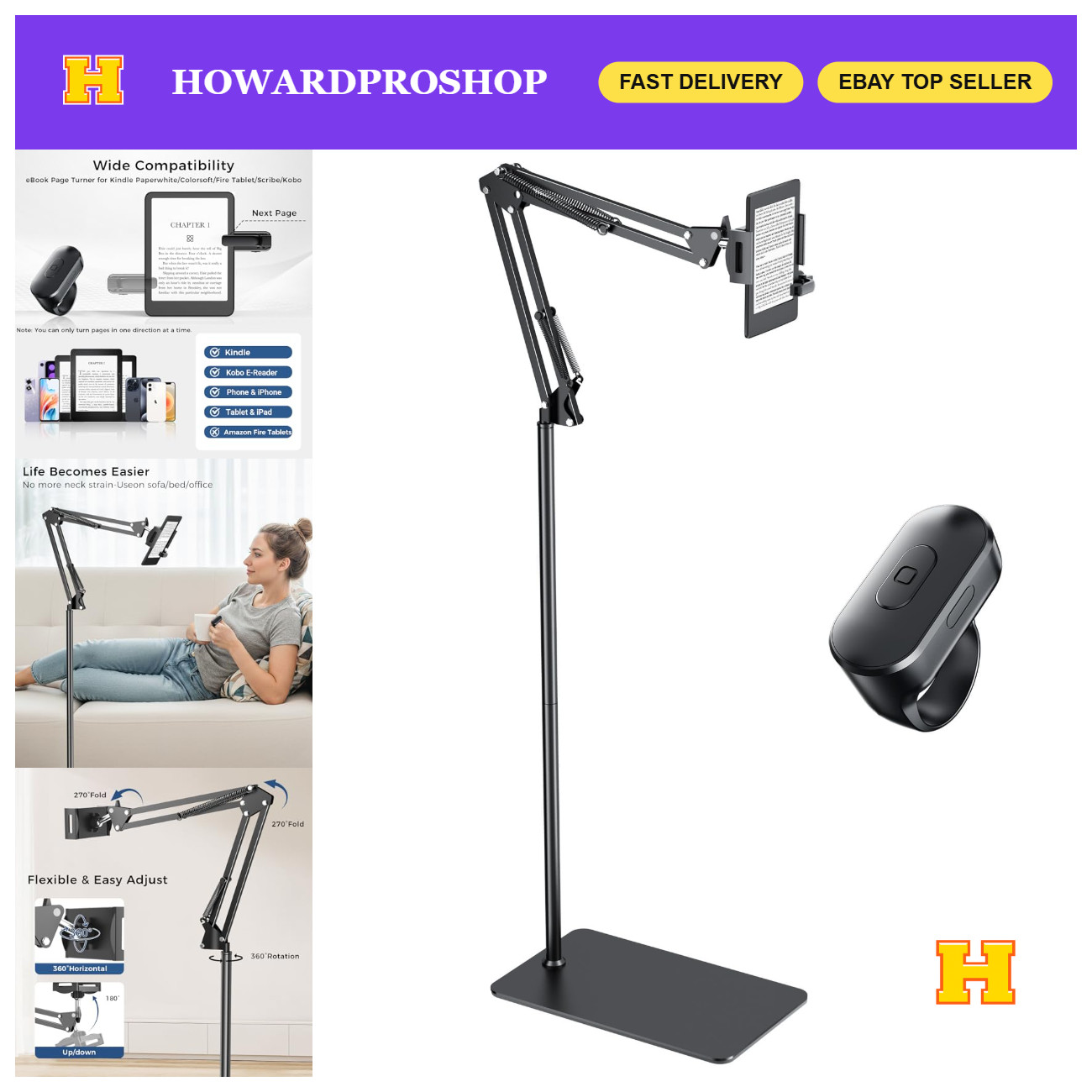 Adjustable Floor Tablet Stand for Hands-Free Kindle Reading, Remote Page Turner,