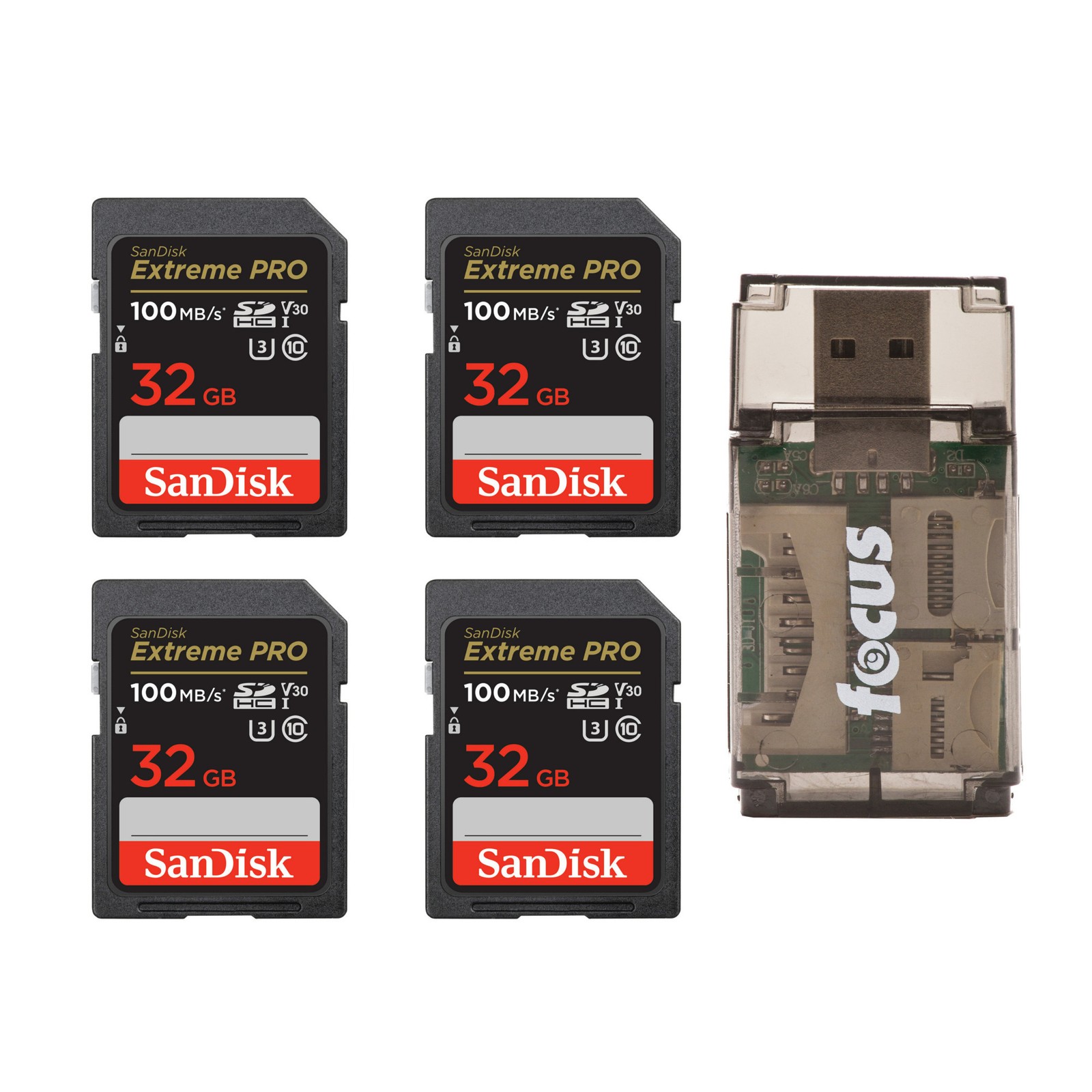SanDisk 32GB Extreme Pro Memory Card (4-pack) Bundle with All-In-One Card Reader