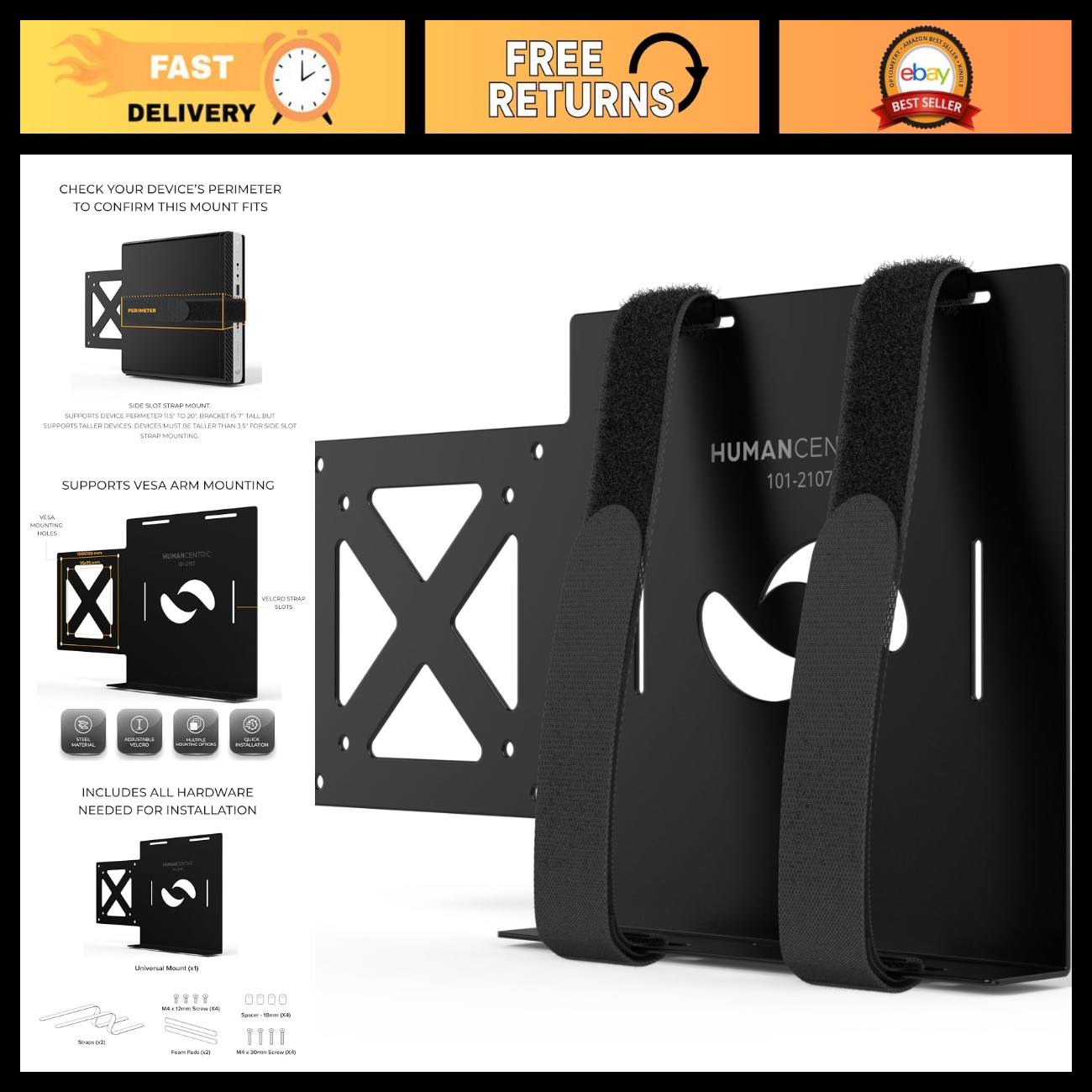Universal Small Device Mount for VESA Arms - Adjustable Strap, Versatile Holder